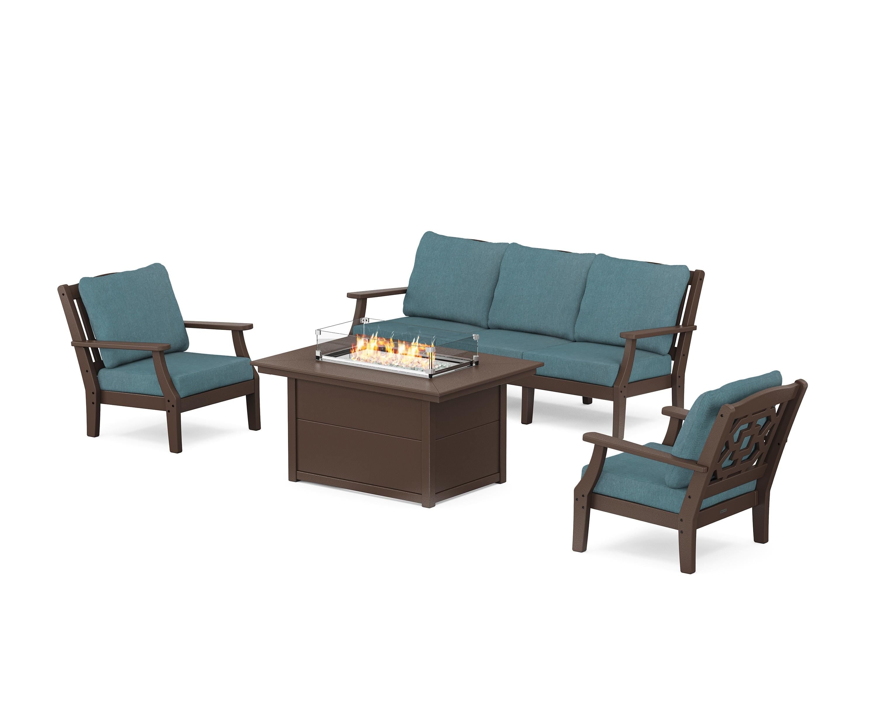 Martha Stewart by POLYWOOD Chinoiserie Deep Seating Fire Pit Table Set in Mahogany / Ocean Teal
