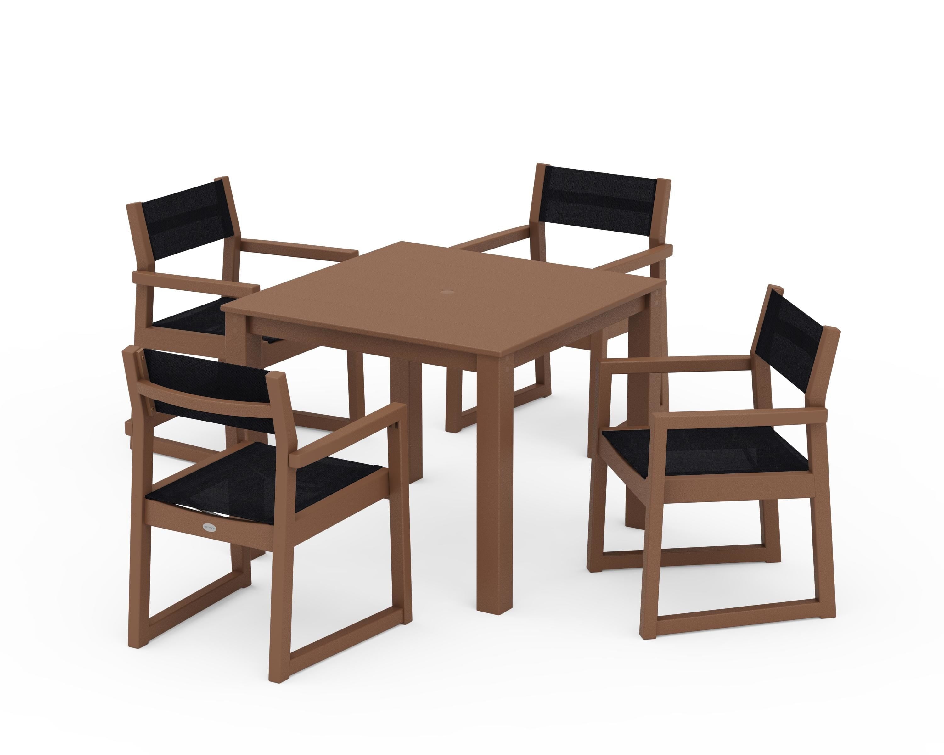 POLYWOOD EDGE Sling Arm Chair 5-Piece Parsons Dining Set in Teak / Black Sling