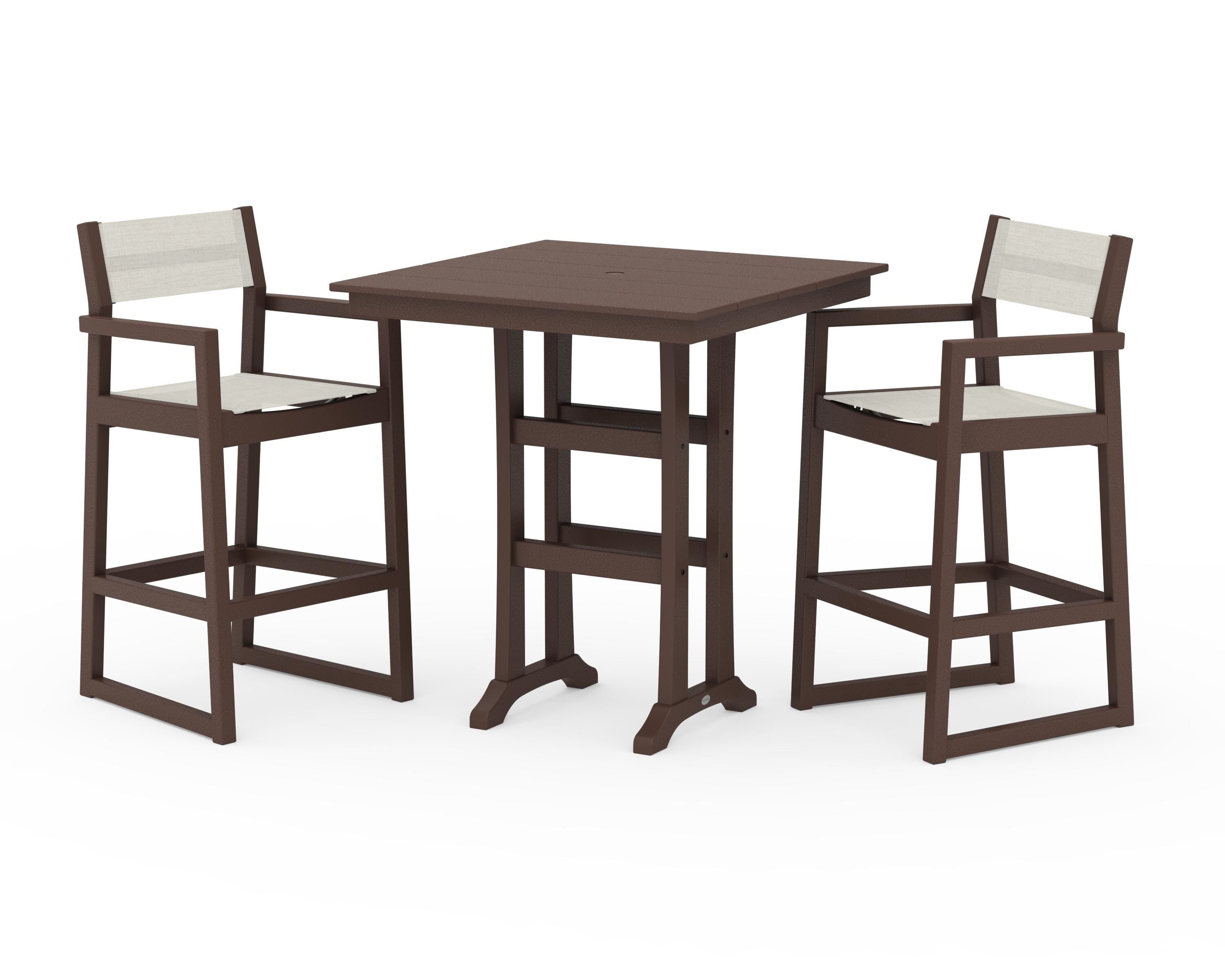 POLYWOOD EDGE Sling Arm Chair 3-Piece Farmhouse Bar Set with Trestle Legs in Mahogany / Parchment Sling