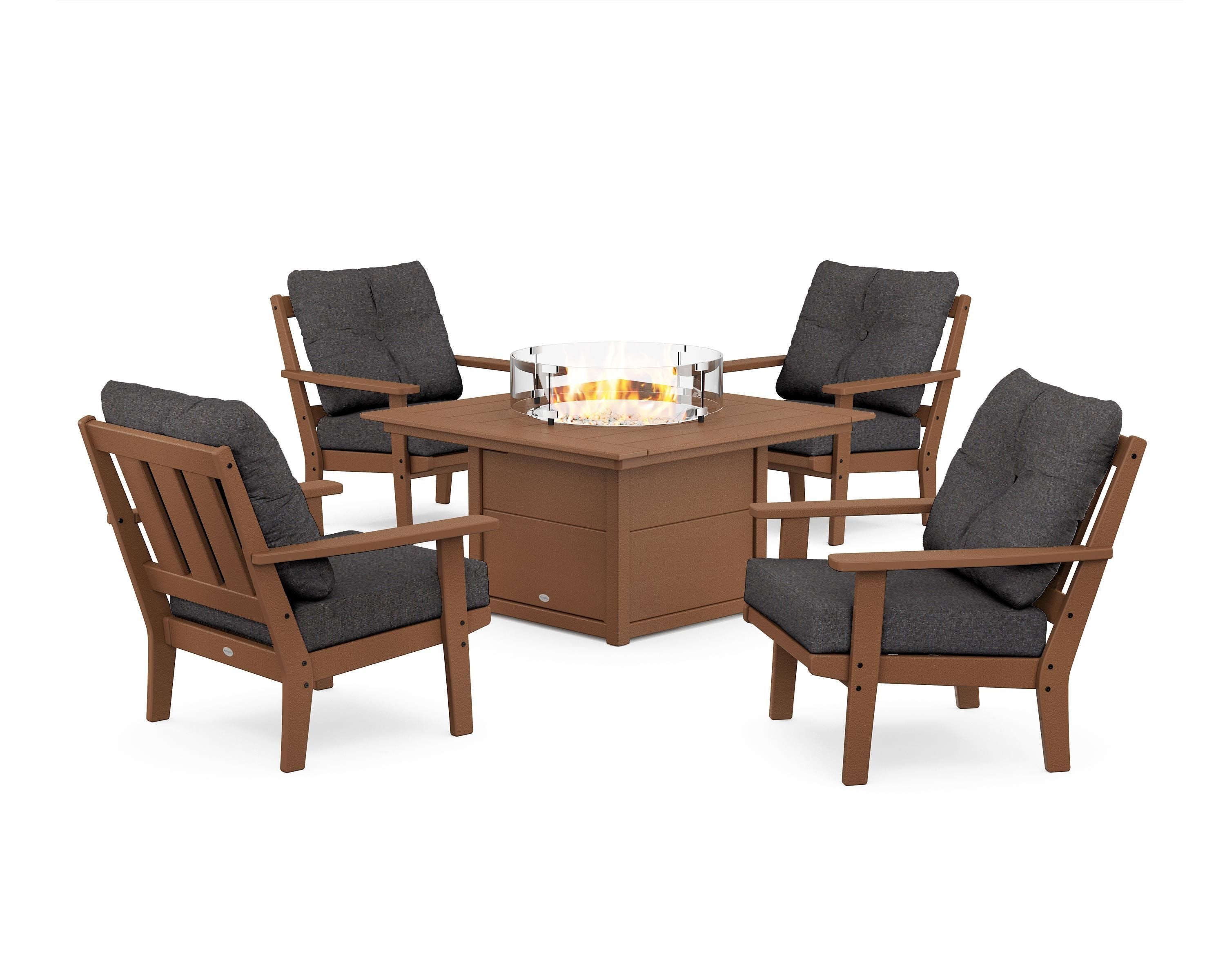 POLYWOOD Oxford 5-Piece Deep Seating Set with Fire Pit Table in Teak / Ash Charcoal