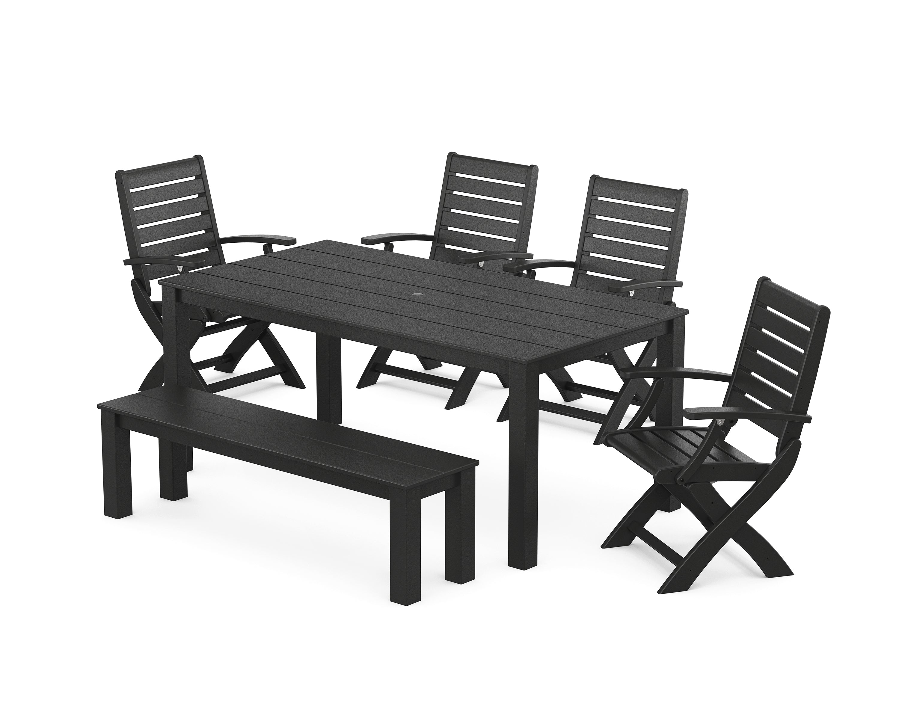 POLYWOOD Signature Folding Chair 6-Piece Parsons Dining Set with Bench in Black