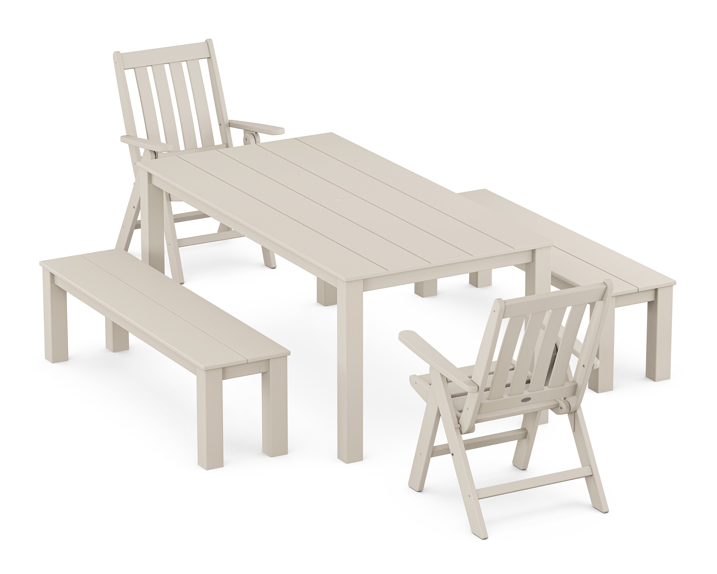 POLYWOOD Vineyard Folding Chair 5-Piece Parsons Dining Set with Benches in Sand
