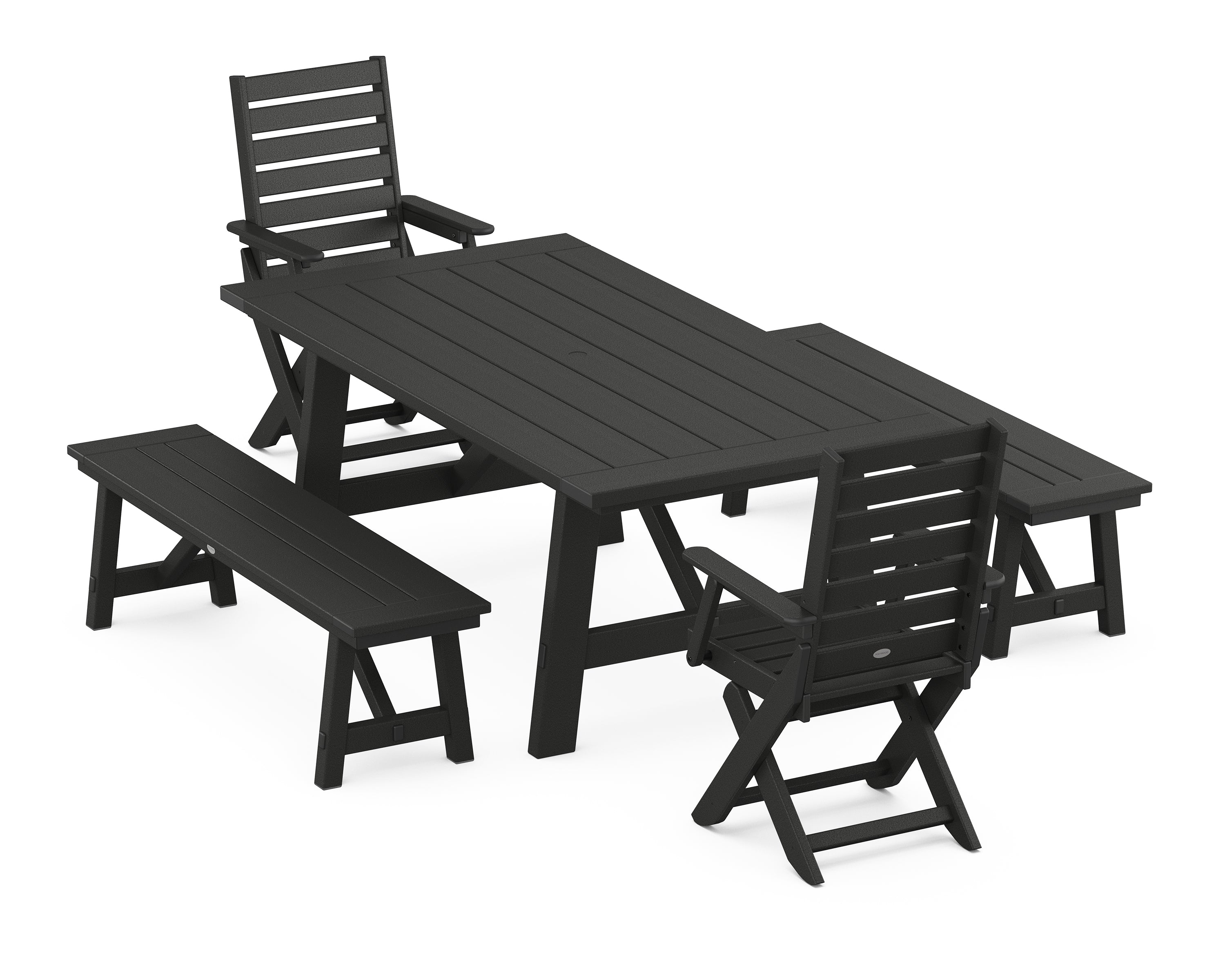 POLYWOOD Captain Folding Chair 5-Piece Rustic Farmhouse Dining Set With Benches in Black