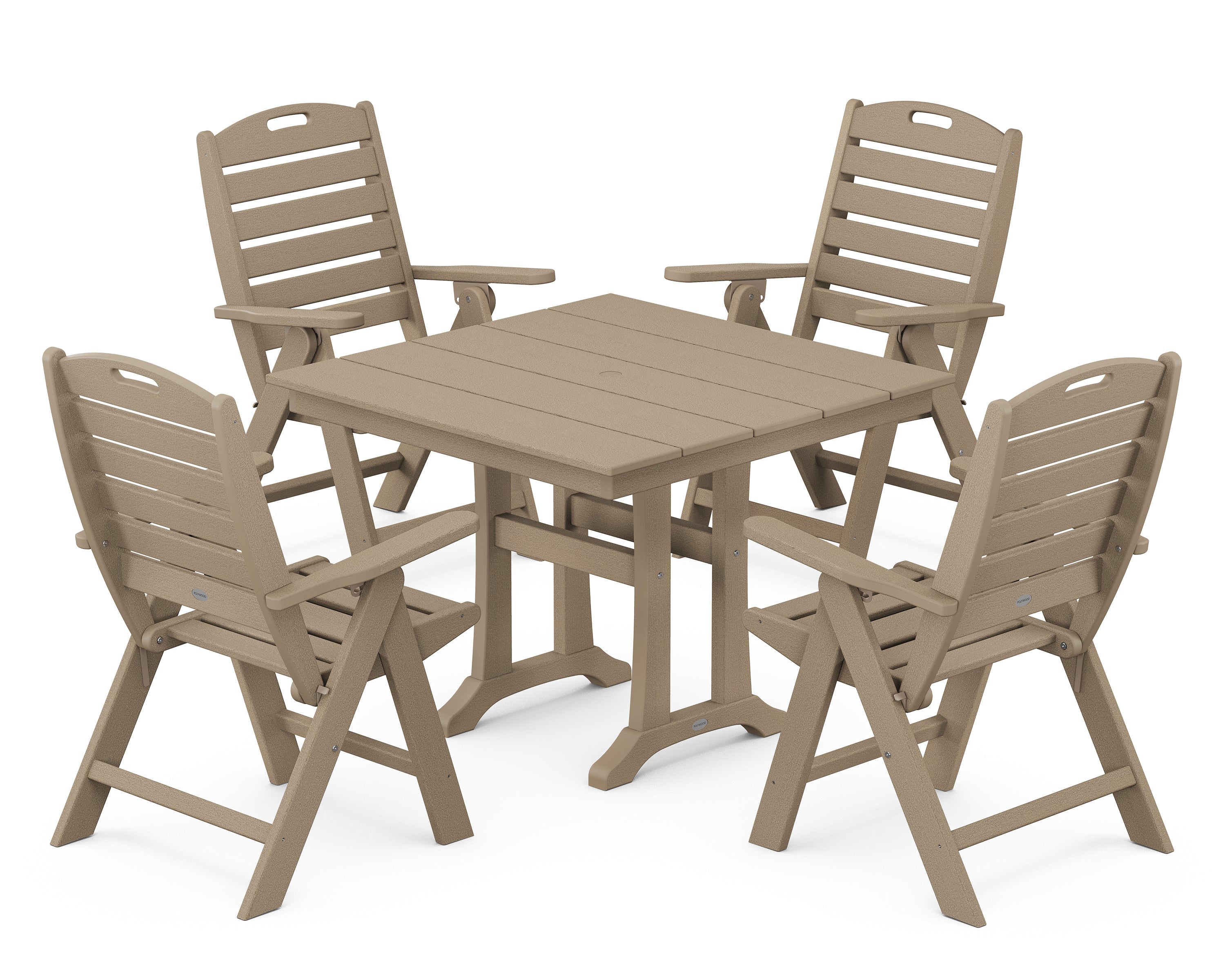 POLYWOOD® Nautical Folding Highback Chair 5-Piece Farmhouse Trestle Dining Set in Vintage Sahara