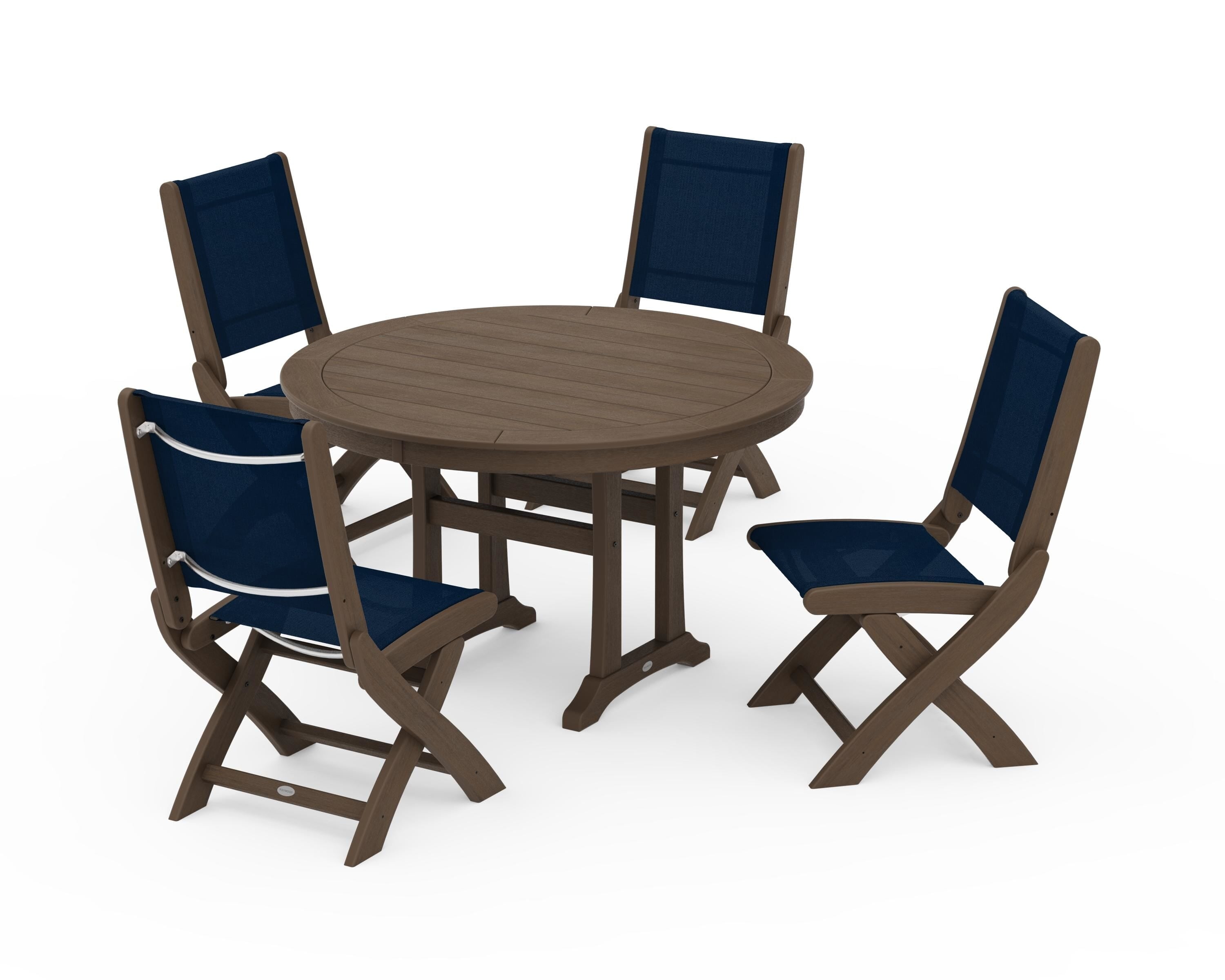 POLYWOOD Coastal Folding Side Chair 5-Piece Round Dining Set With Trestle Legs in Kona / Navy Blue Sling
