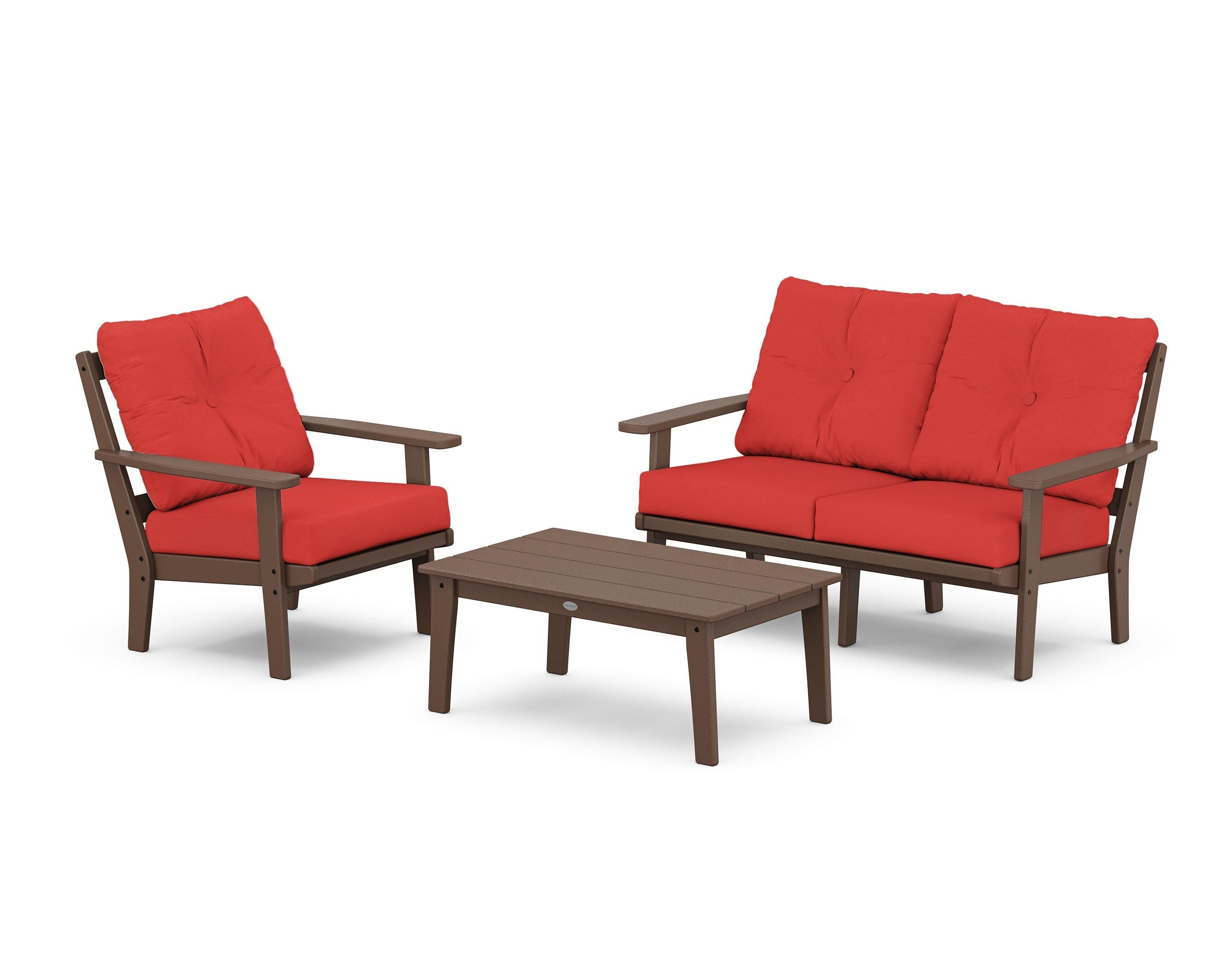 POLYWOOD Prairie 3-Piece Deep Seating Set with Loveseat in Mahogany / Crimson Linen