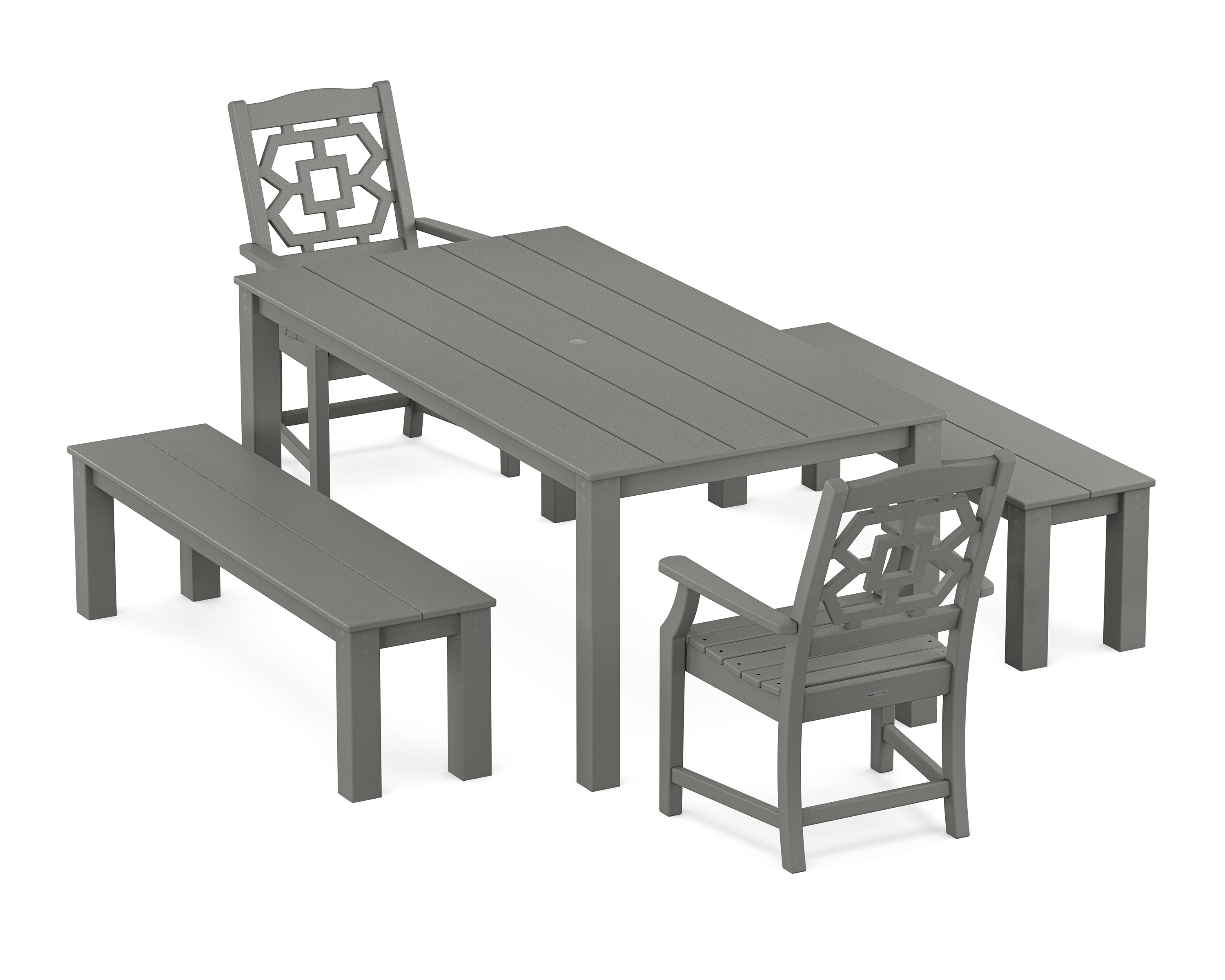 Martha Stewart by POLYWOOD Chinoiserie 5-Piece Parsons Dining Set with Benches in Slate Grey