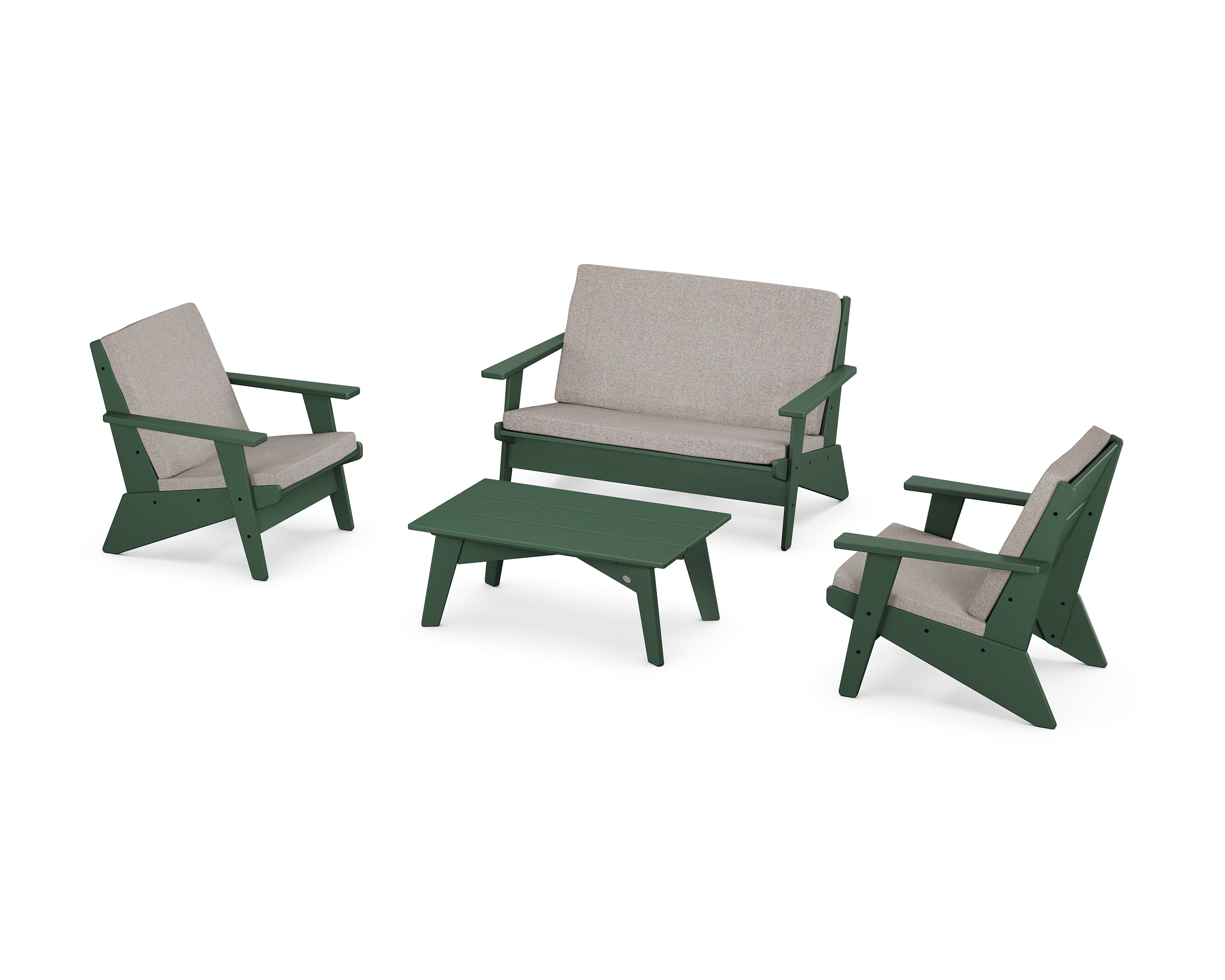 POLYWOOD Riviera Modern Lounge 4-Piece Set in Green / Weathered Tweed