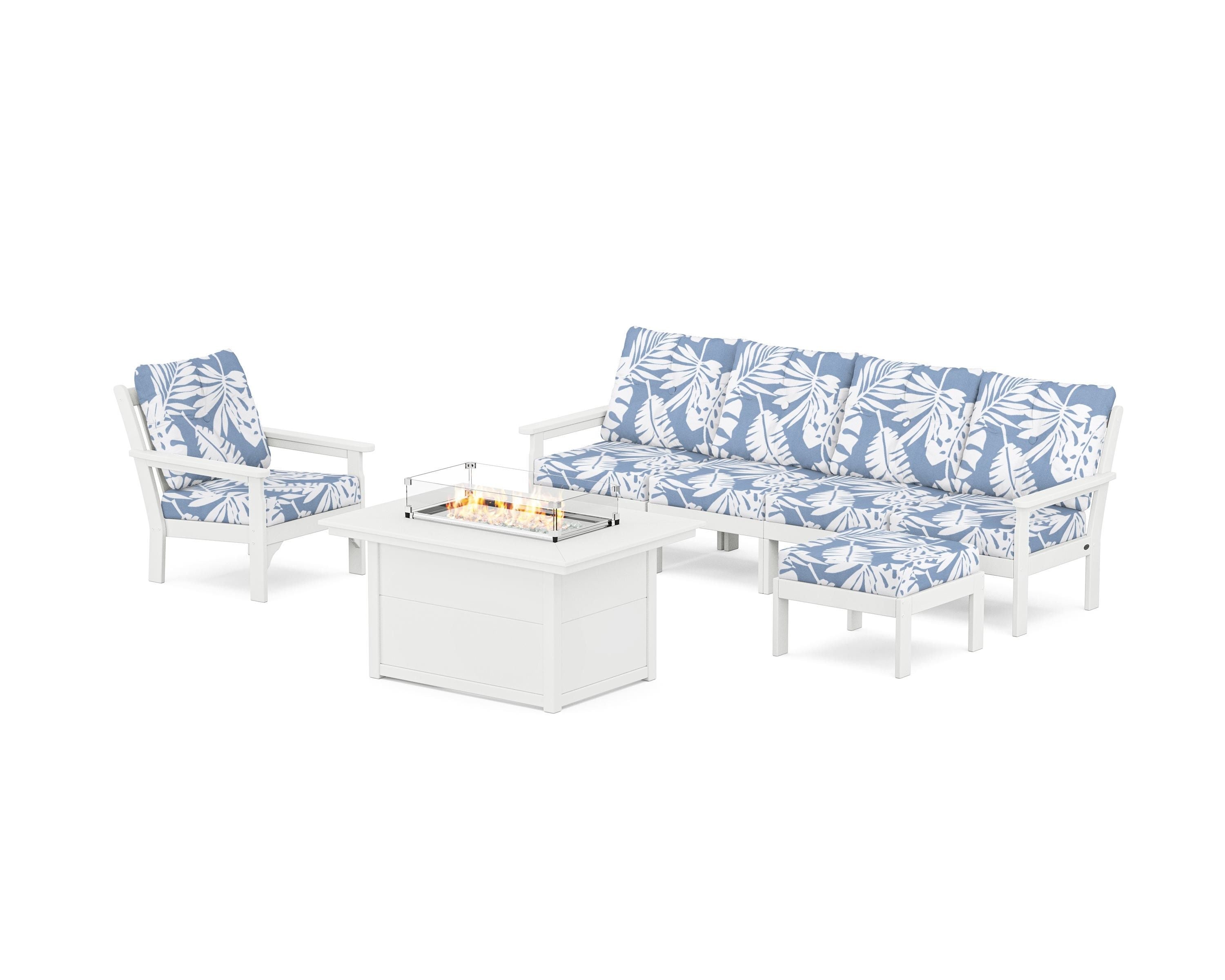 POLYWOOD Vineyard Sectional Lounge and Fire Pit Set in White / Leaf Sky Blue