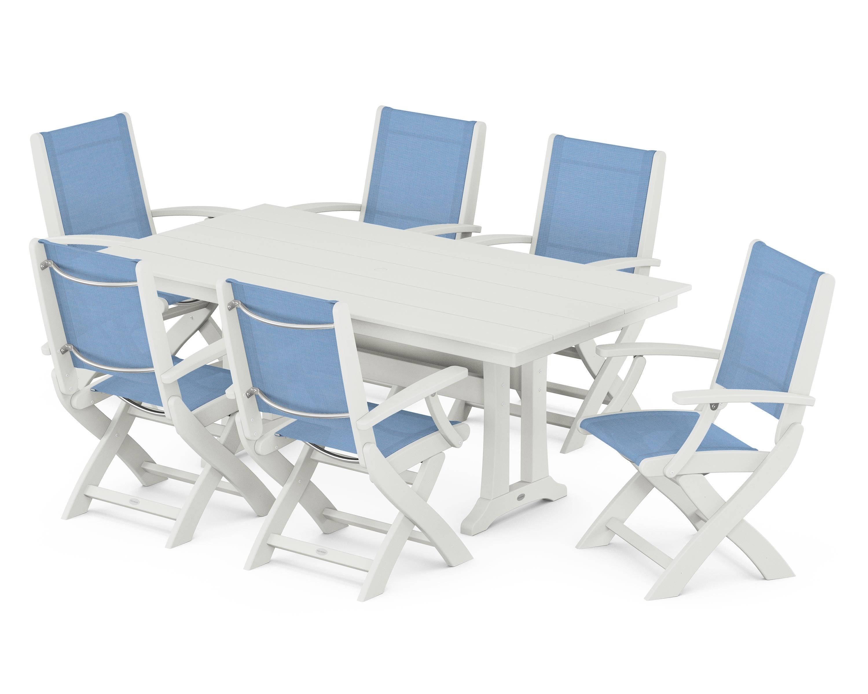 POLYWOOD Coastal Folding Arm Chair 7-Piece Farmhouse Dining Set with Trestle Legs in Vintage White / Poolside Sling