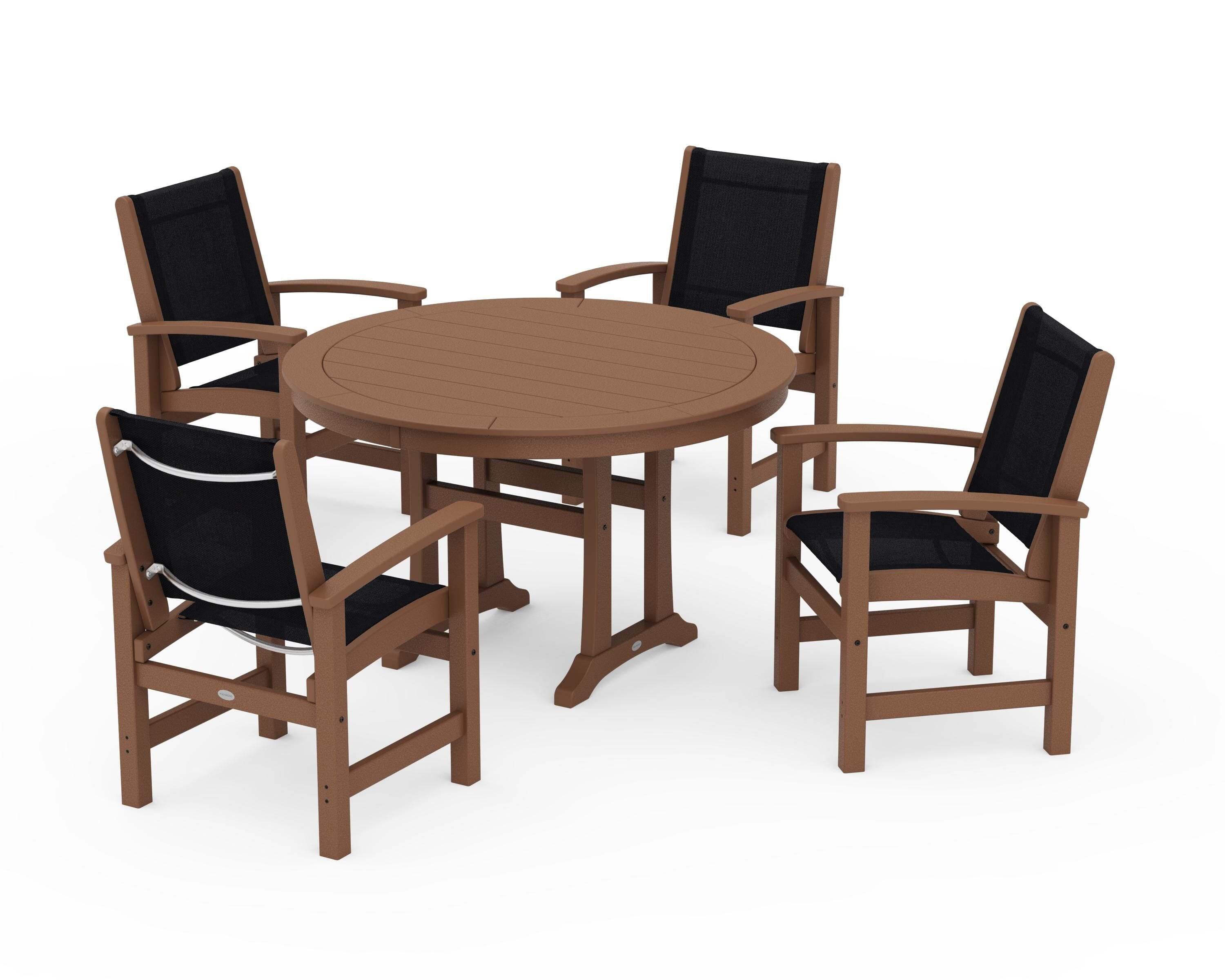 POLYWOOD Coastal 5-Piece Round Dining Set with Trestle Legs in Teak / Black Sling
