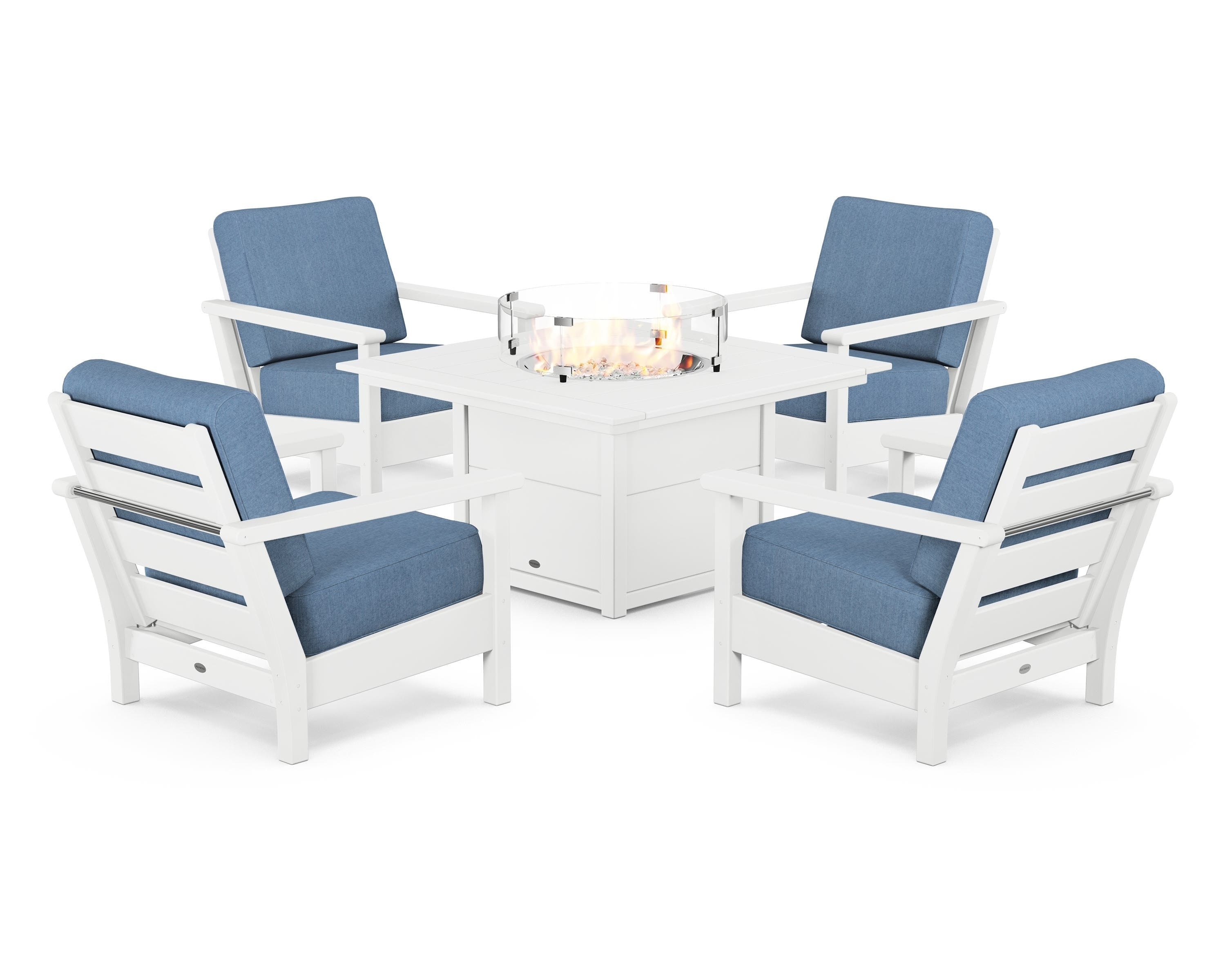 POLYWOOD Harbour 5-Piece Conversation Set with Fire Pit Table in White / Sky Blue