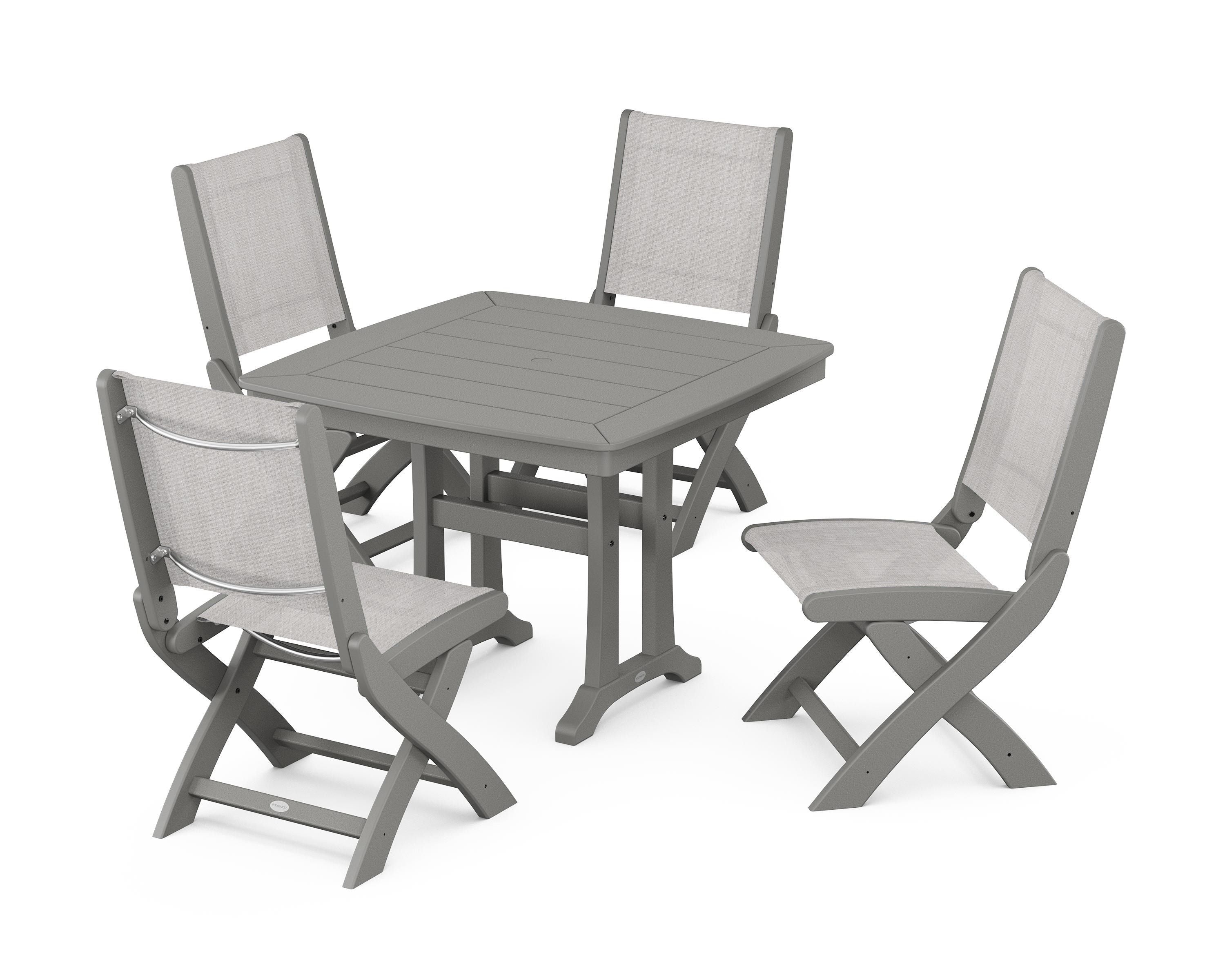 POLYWOOD Coastal Folding Side Chair 5-Piece Dining Set with Trestle Legs in Slate Grey / Parchment Sling