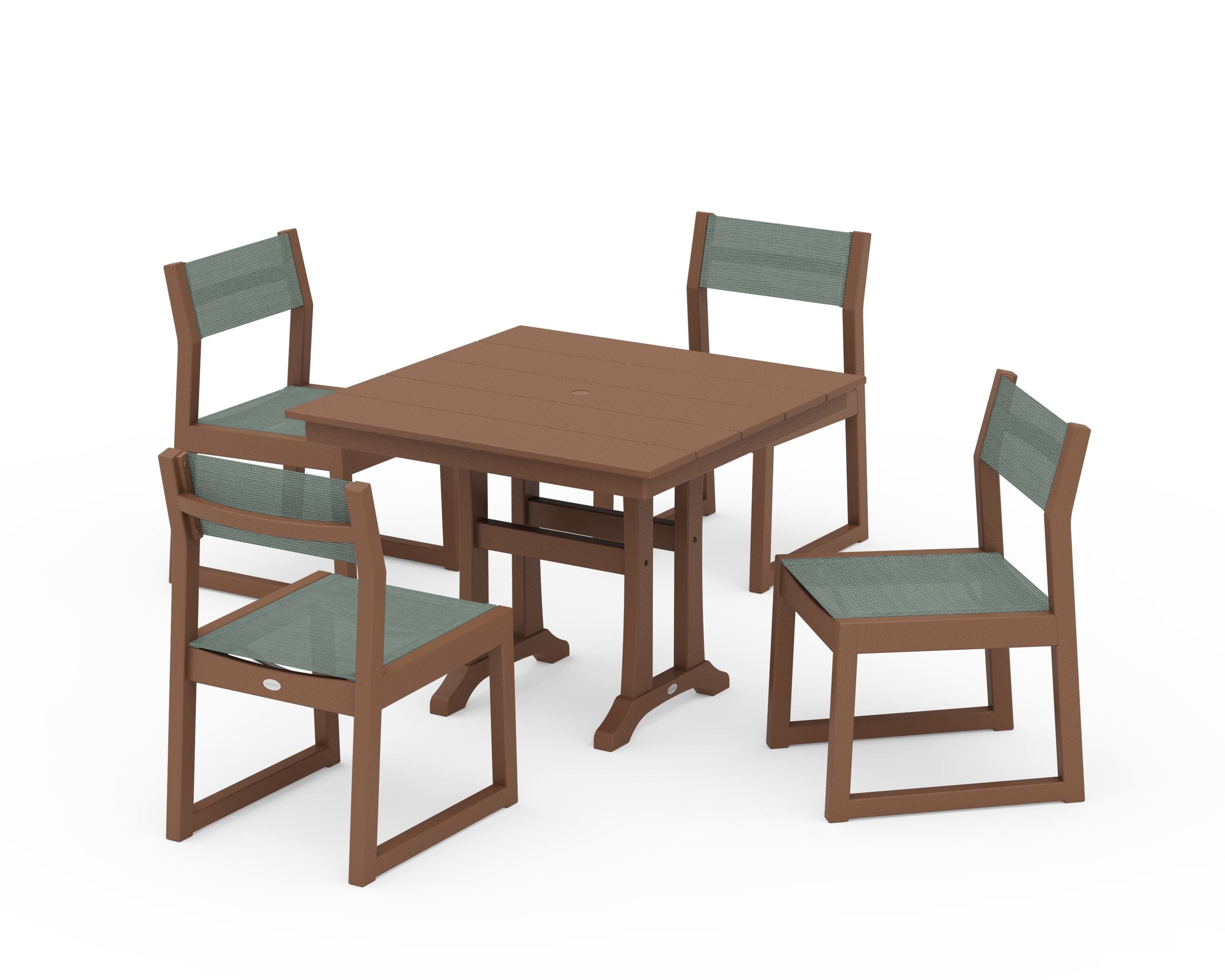 POLYWOOD EDGE Sling 5-Piece Farmhouse Trestle Side Chair Dining Set in Teak / Dupioni Sea Mist Sling