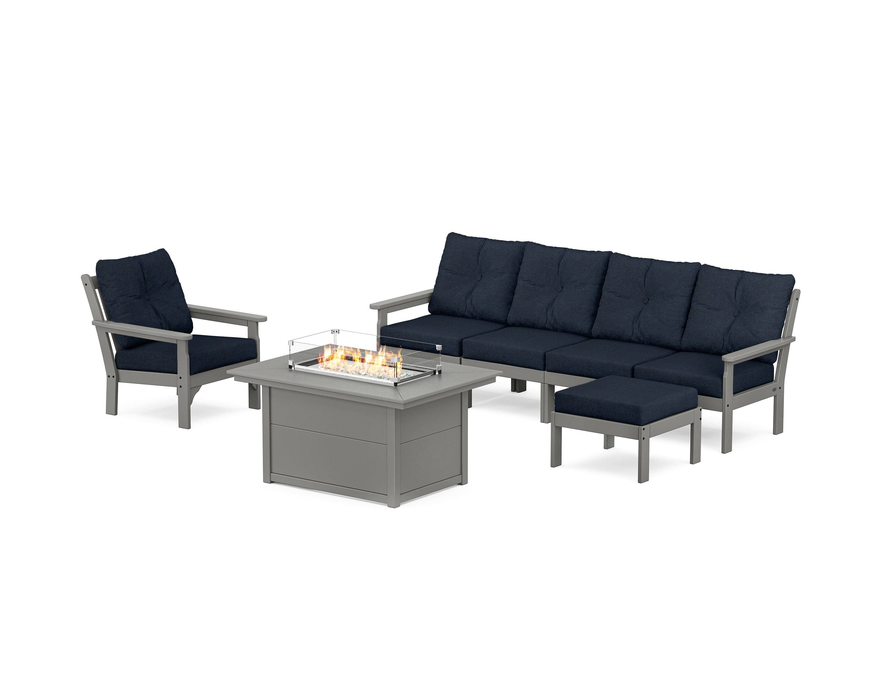 POLYWOOD Vineyard Sectional Lounge and Fire Pit Set in Slate Grey / Marine Indigo