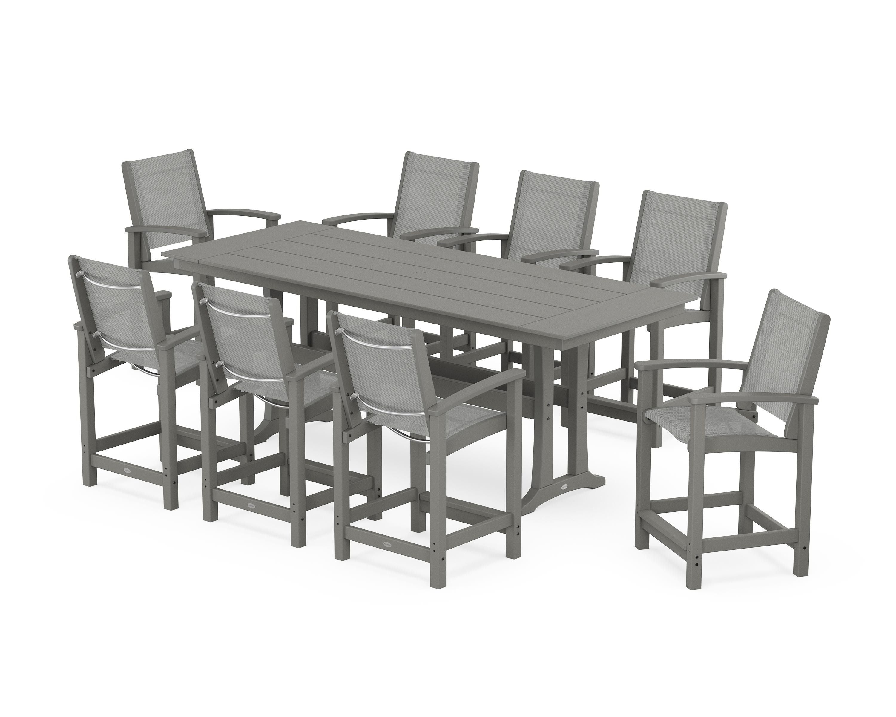 POLYWOOD Coastal 9-Piece Farmhouse Counter Set with Trestle Legs in Slate Grey / Metallic Sling