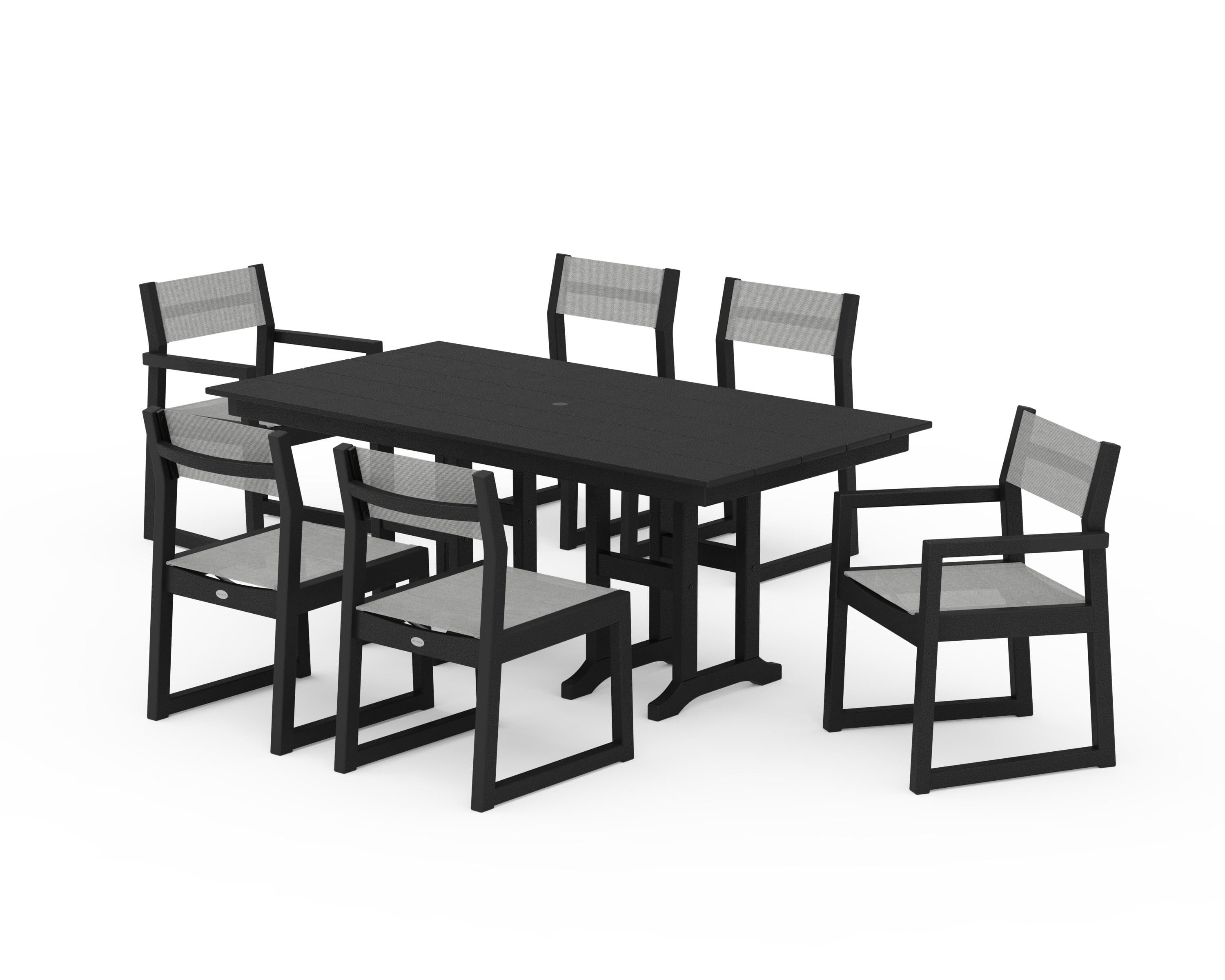 POLYWOOD EDGE Sling 7-Piece Farmhouse Dining Set in Black / Metallic Sling
