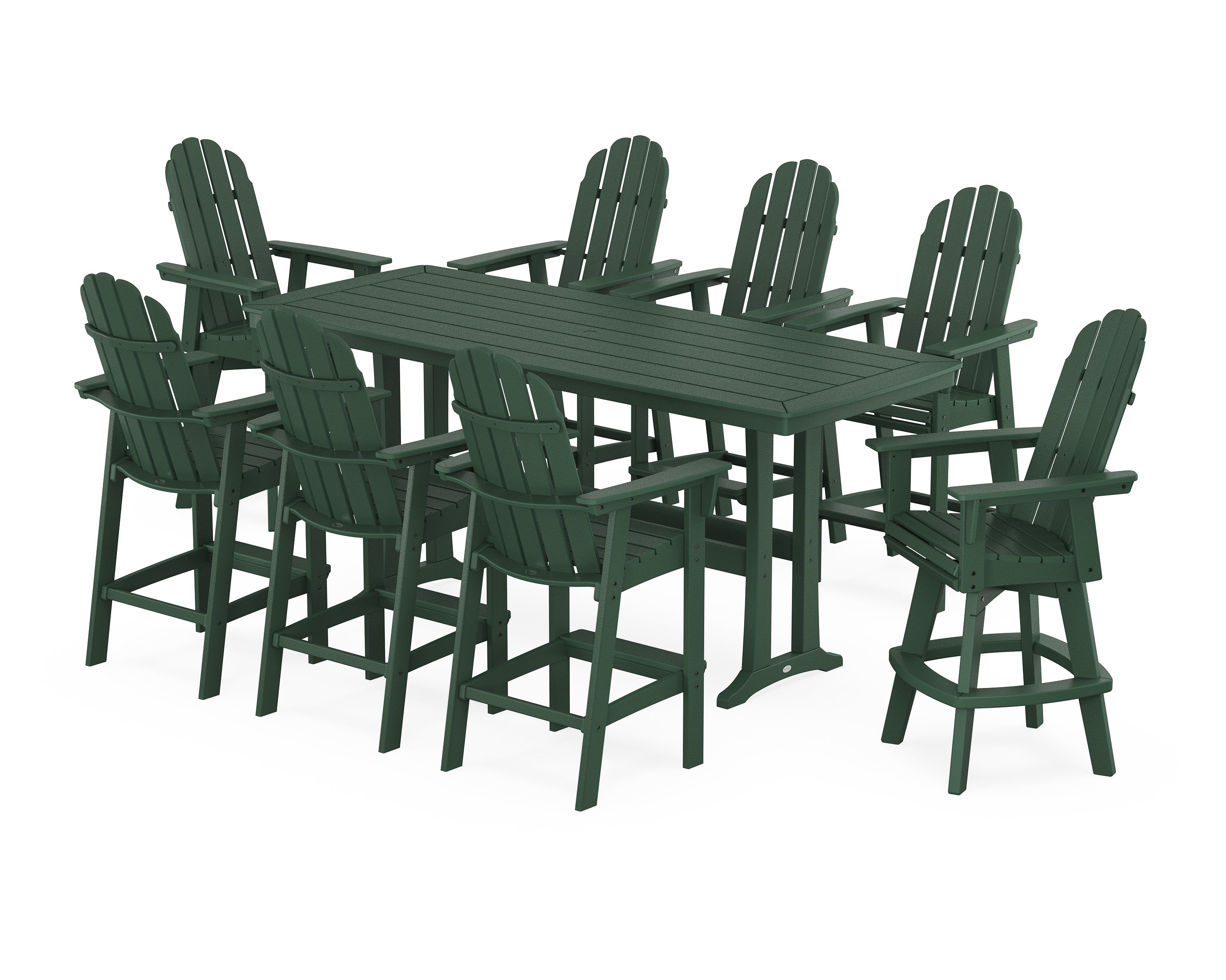 POLYWOOD® Vineyard Curveback Adirondack Swivel 9-Piece Bar Set with Trestle Legs in Green