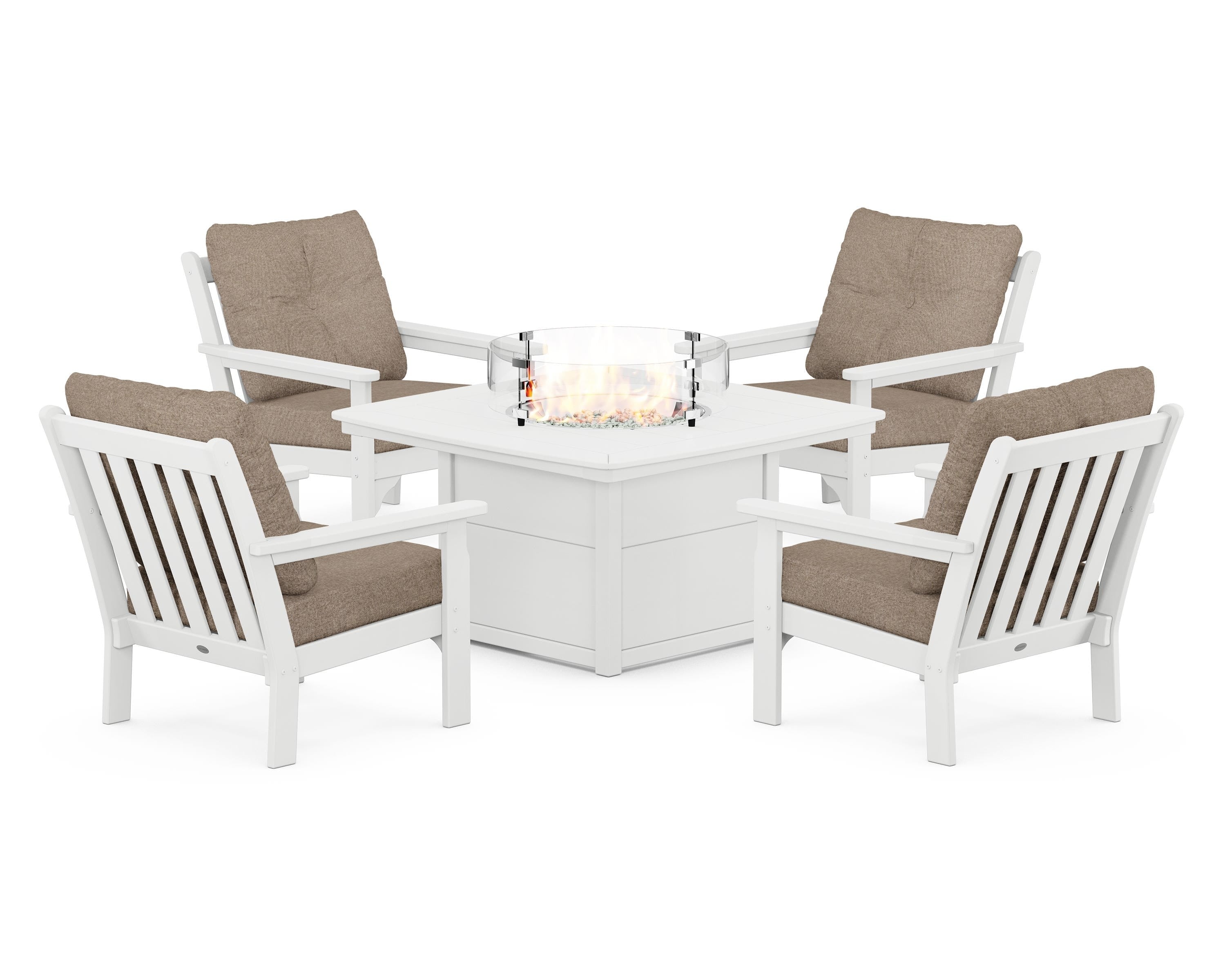 POLYWOOD Vineyard 5-Piece Conversation Set with Fire Pit Table in White / Spiced Burlap