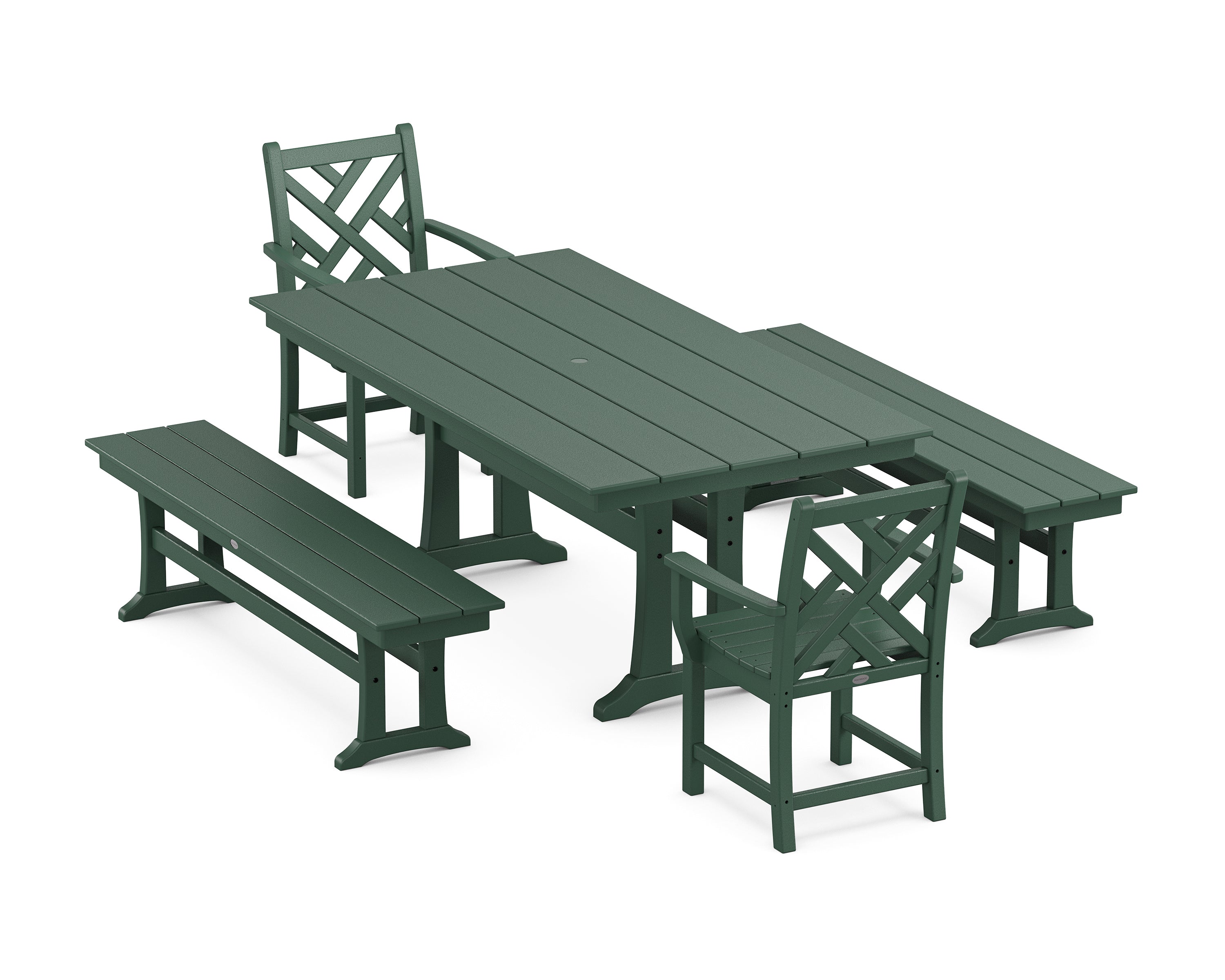POLYWOOD Chippendale 5-Piece Farmhouse Dining Set With Trestle Legs in Green