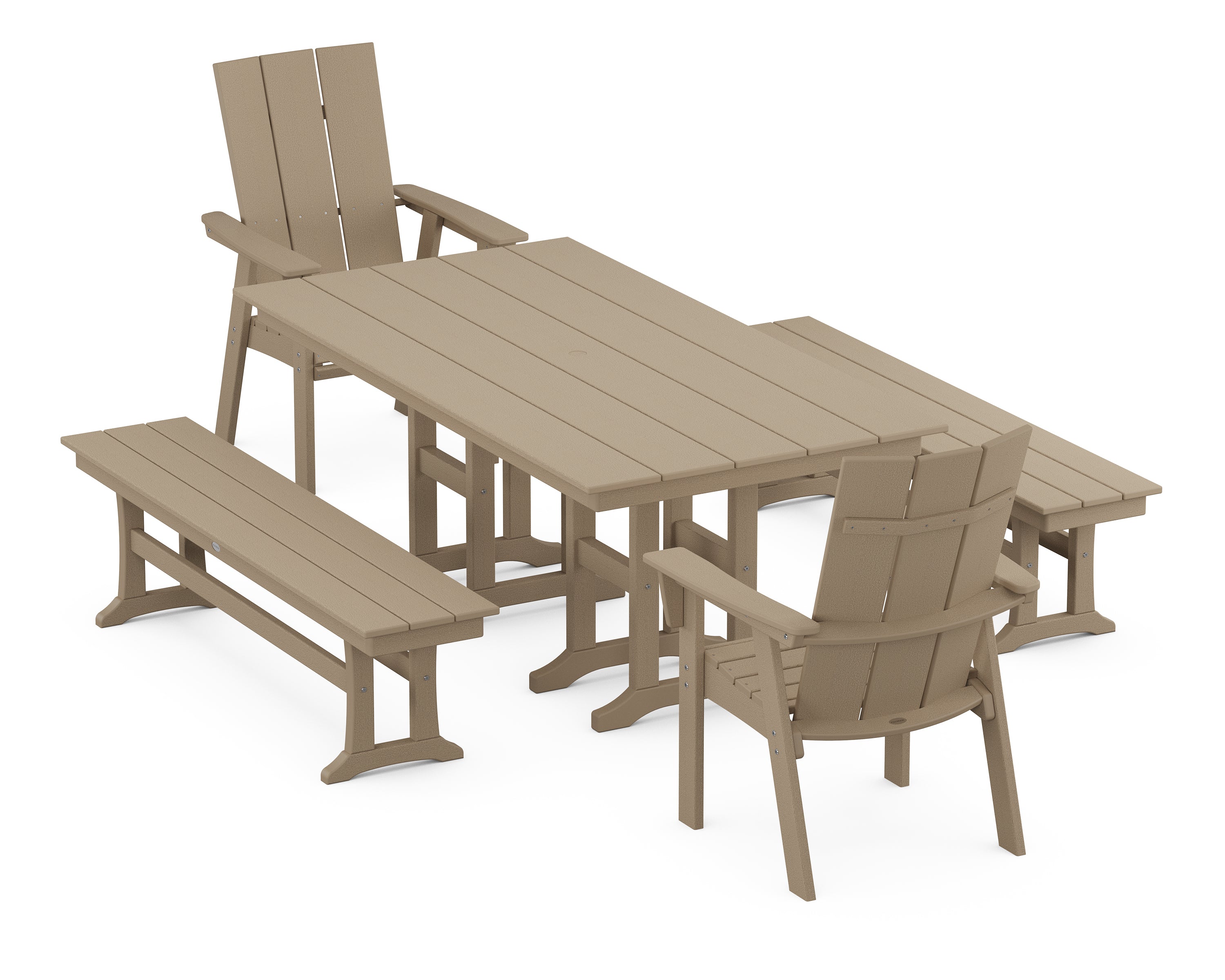 POLYWOOD® Modern Curveback Adirondack 5-Piece Farmhouse Dining Set with Benches in Vintage Sahara