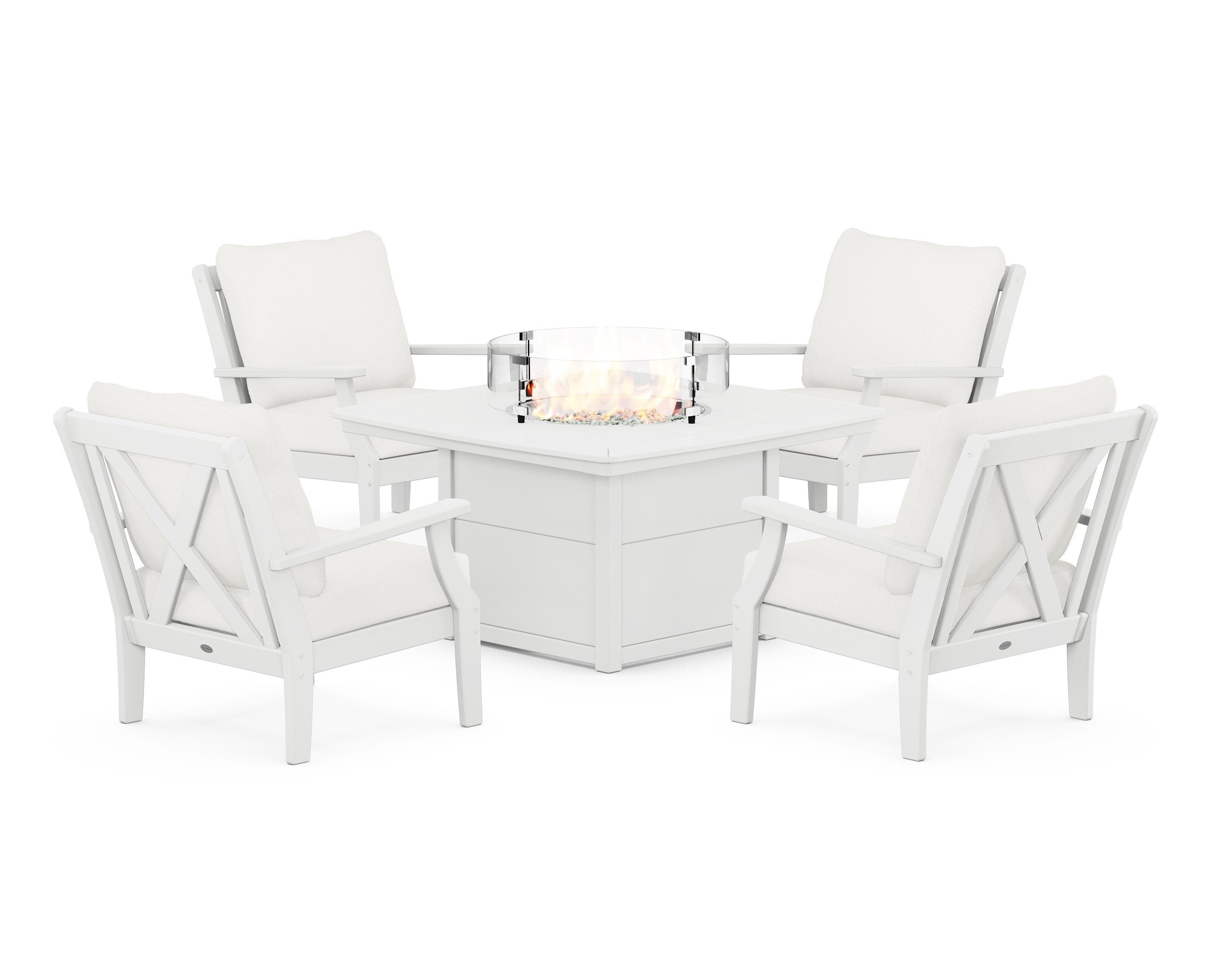 POLYWOOD Braxton 5-Piece Deep Seating Conversation Set with Fire Pit Table in White / Natural Linen
