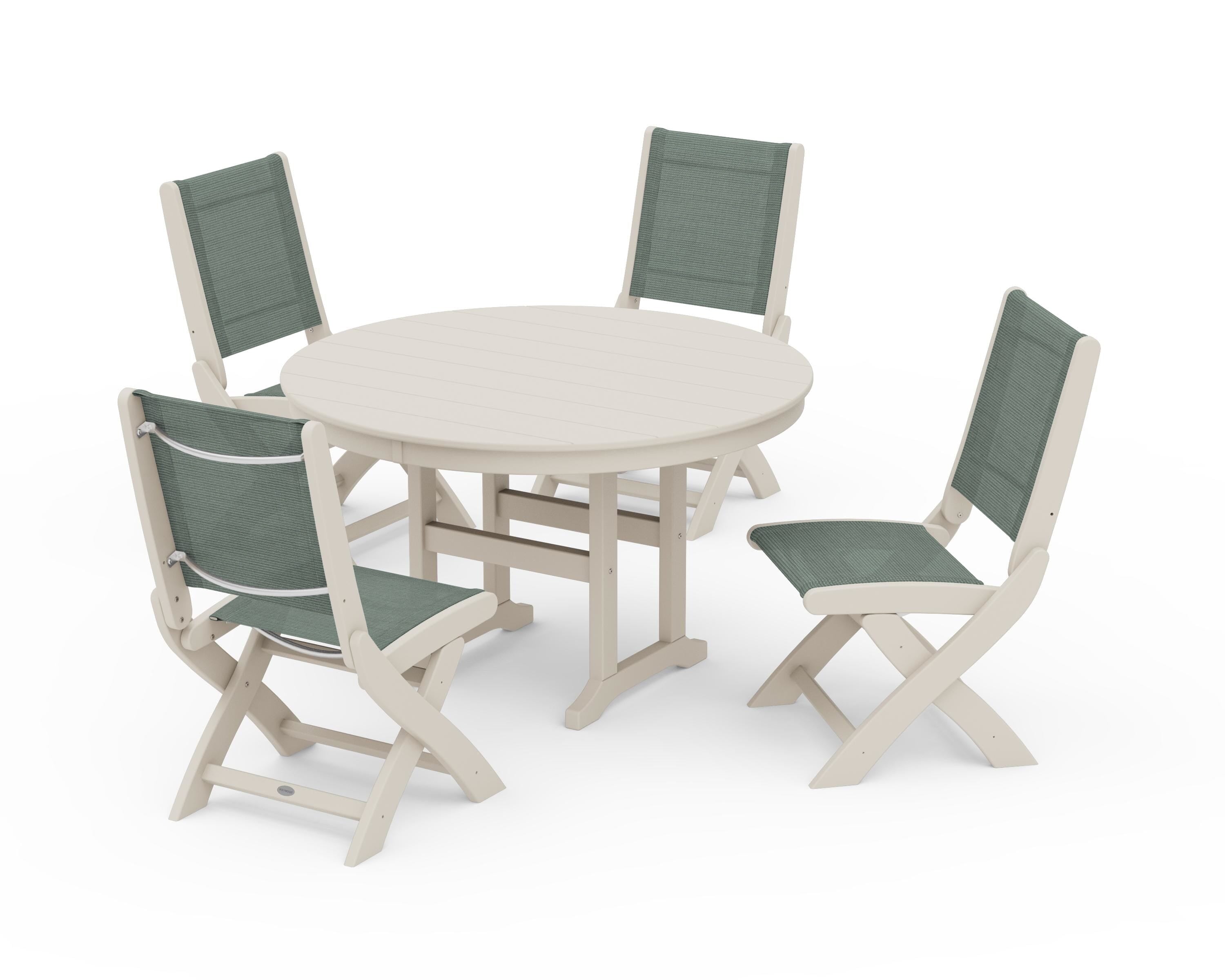 POLYWOOD Coastal Folding Side Chair 5-Piece Round Dining Set in Sand / Dupioni Sea Mist Sling
