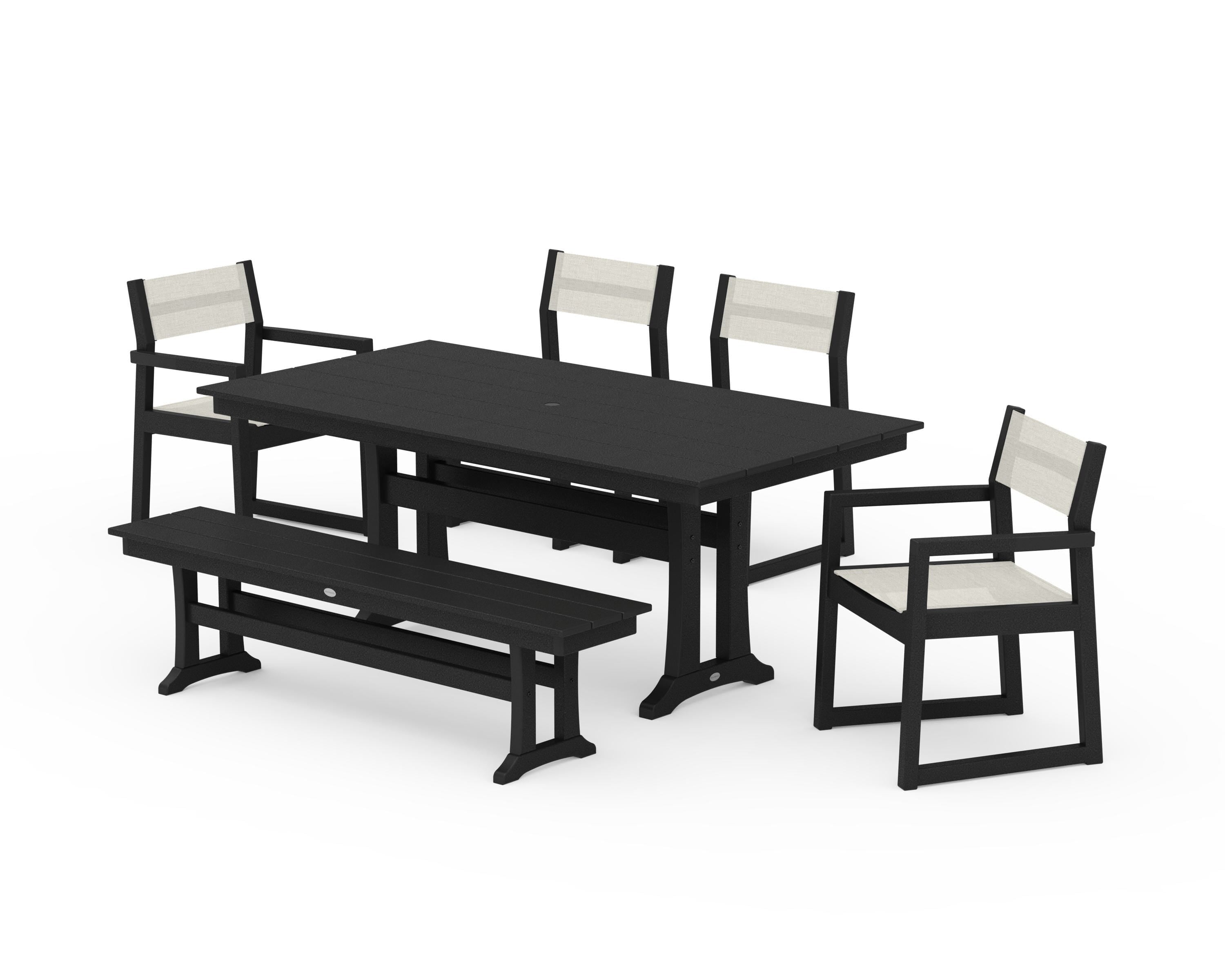 POLYWOOD EDGE Sling 6-Piece Farmhouse Dining Set With Trestle Legs in Black / Parchment Sling