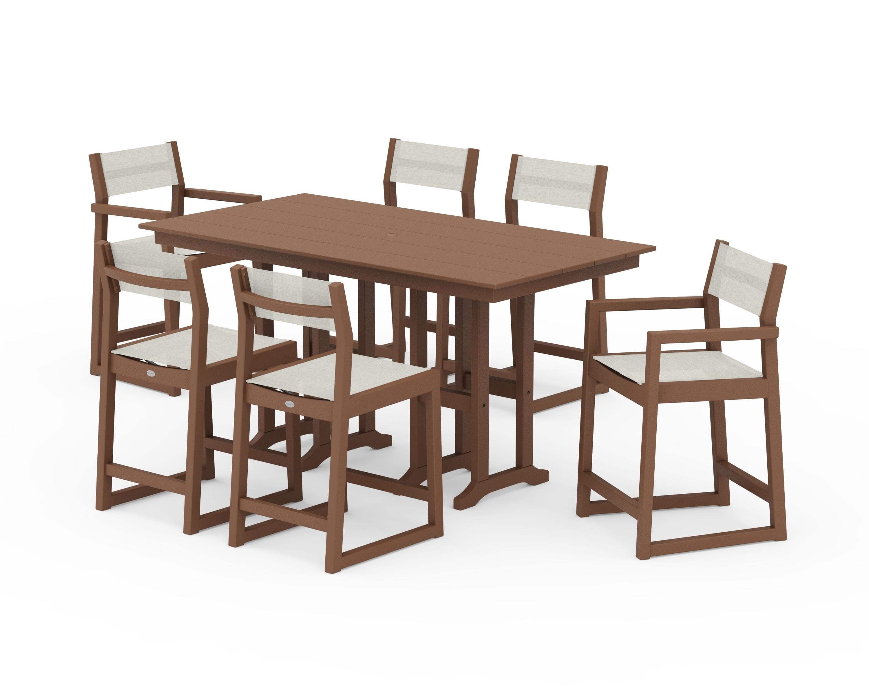 POLYWOOD EDGE Sling 7-Piece Farmhouse Counter Set with Trestle Legs in Teak / Parchment Sling