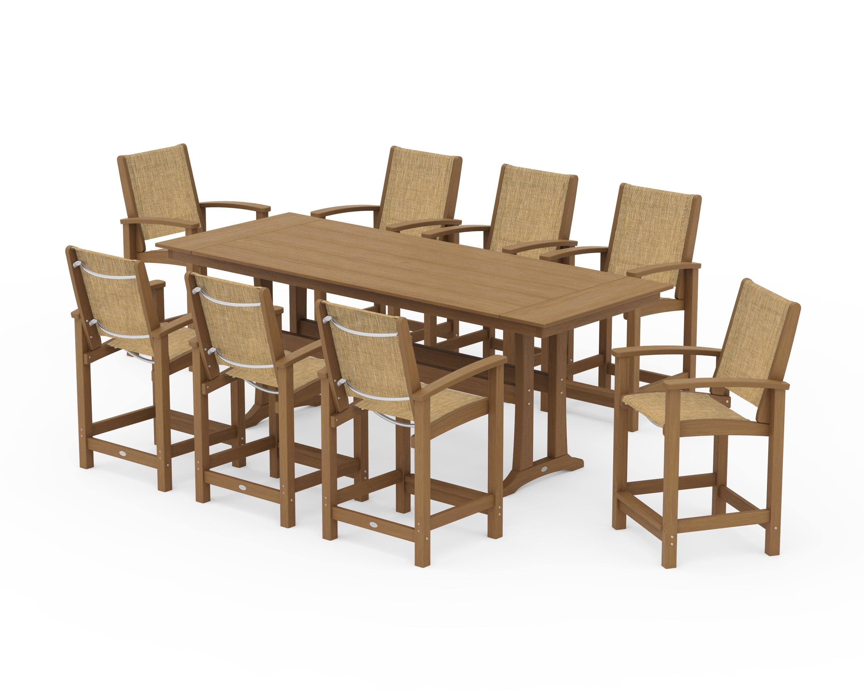 POLYWOOD Coastal 9-Piece Farmhouse Counter Set with Trestle Legs in Natural / Burlap Sling