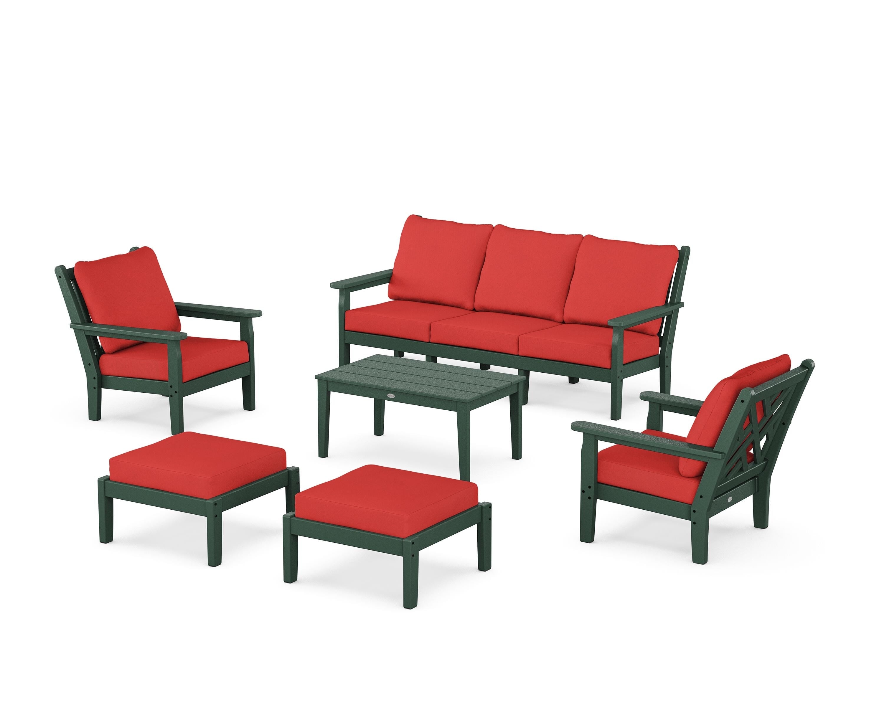 POLYWOOD Chippendale 6-Piece Lounge Sofa Set in Green / Crimson Linen
