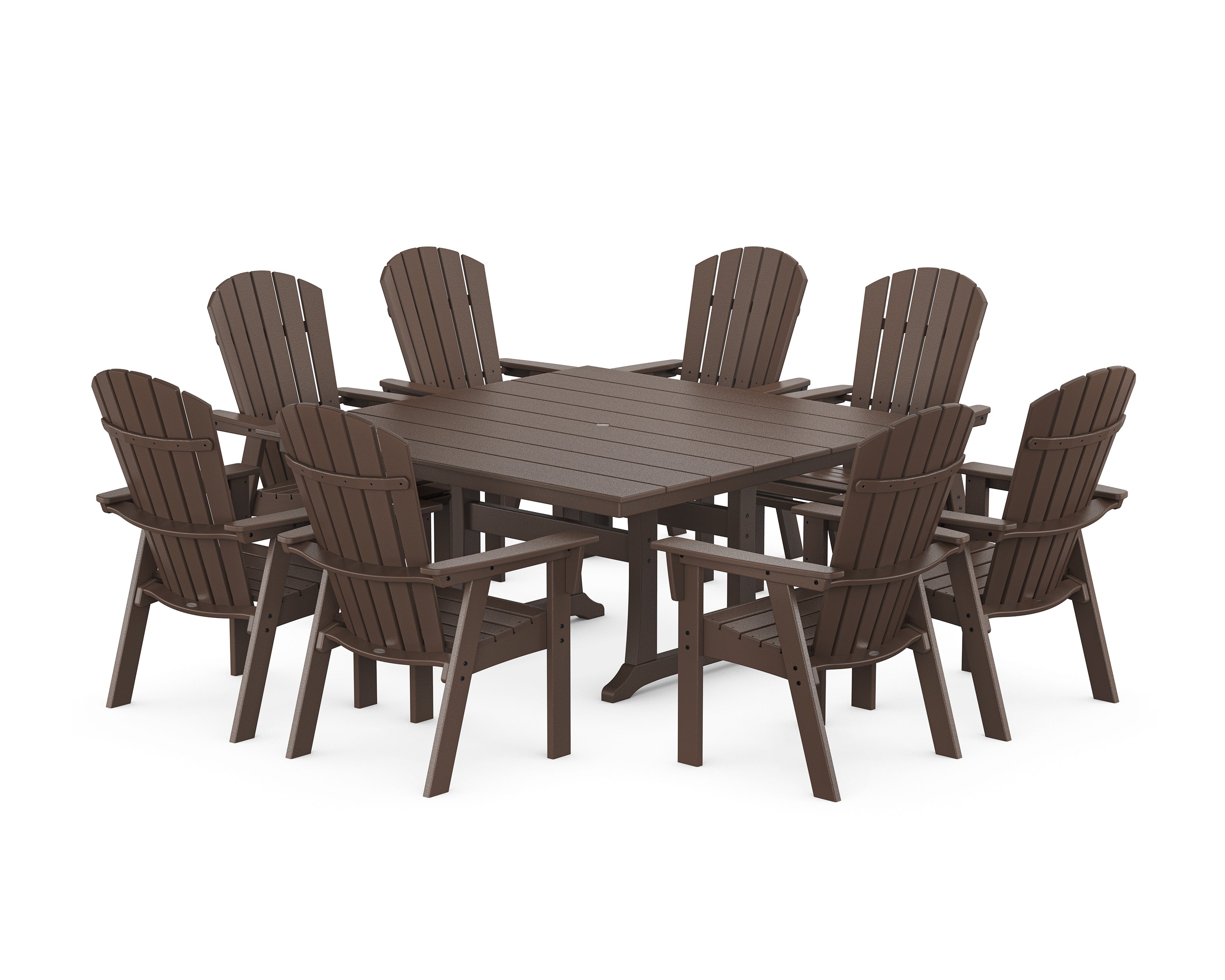 POLYWOOD Nautical Curveback Adirondack 9-Piece Square Dining Set with Trestle Legs in Mahogany