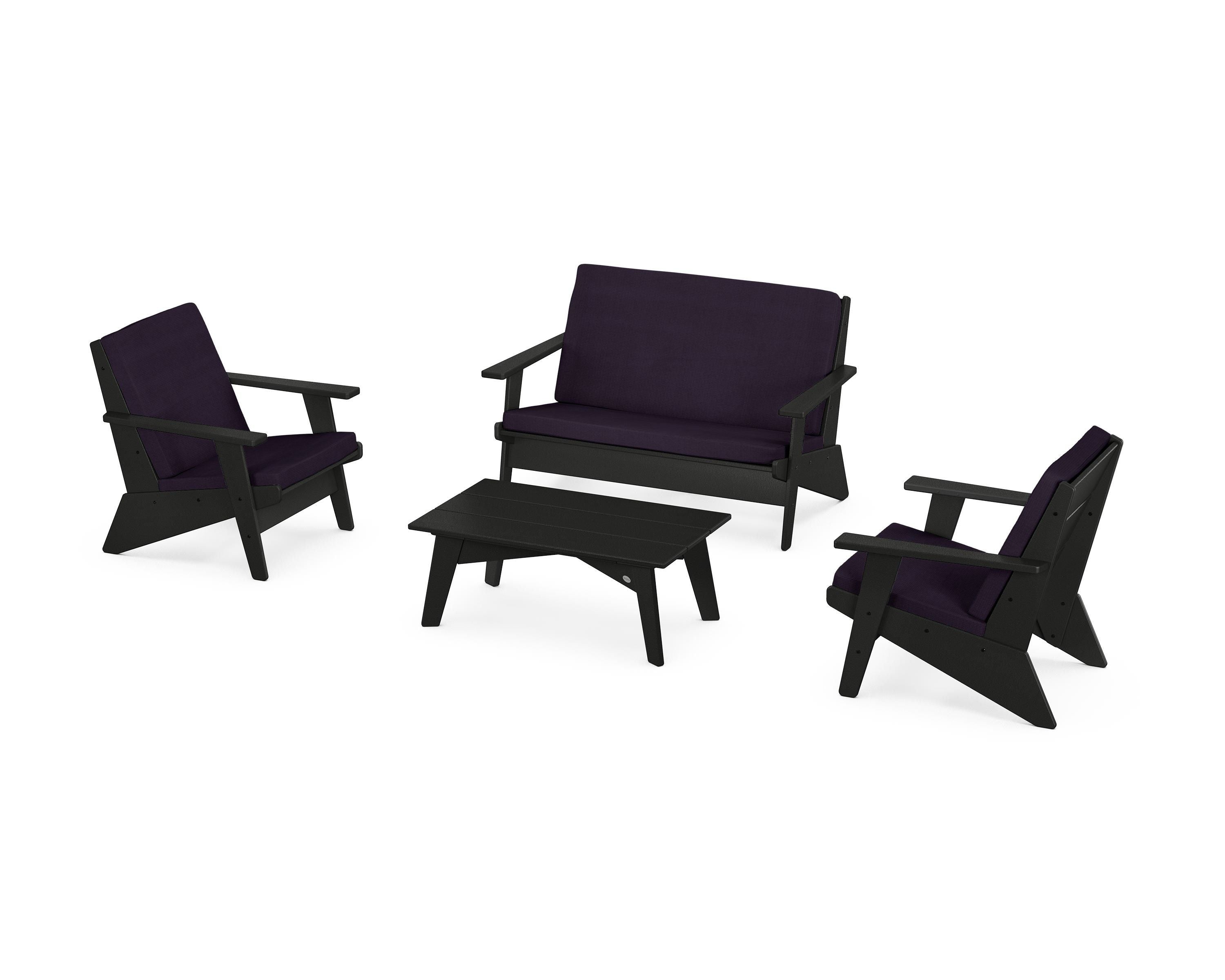 POLYWOOD Riviera Modern Lounge 4-Piece Set in Black / Navy Linen