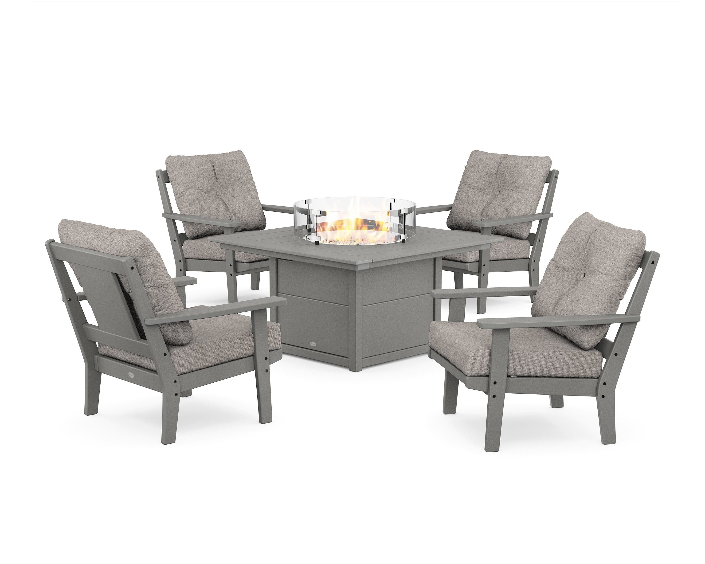 POLYWOOD Prairie 5-Piece Deep Seating Set with Fire Pit Table in Slate Grey / Weathered Tweed