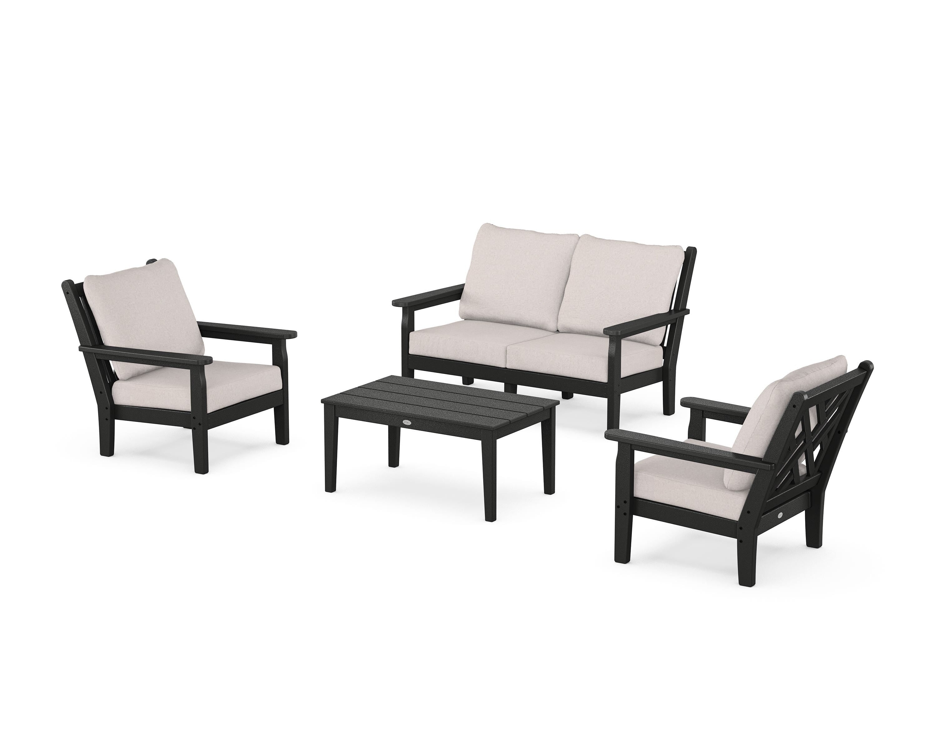 POLYWOOD Chippendale 4-Piece Deep Seating Set with Loveseat in Black / Dune Burlap