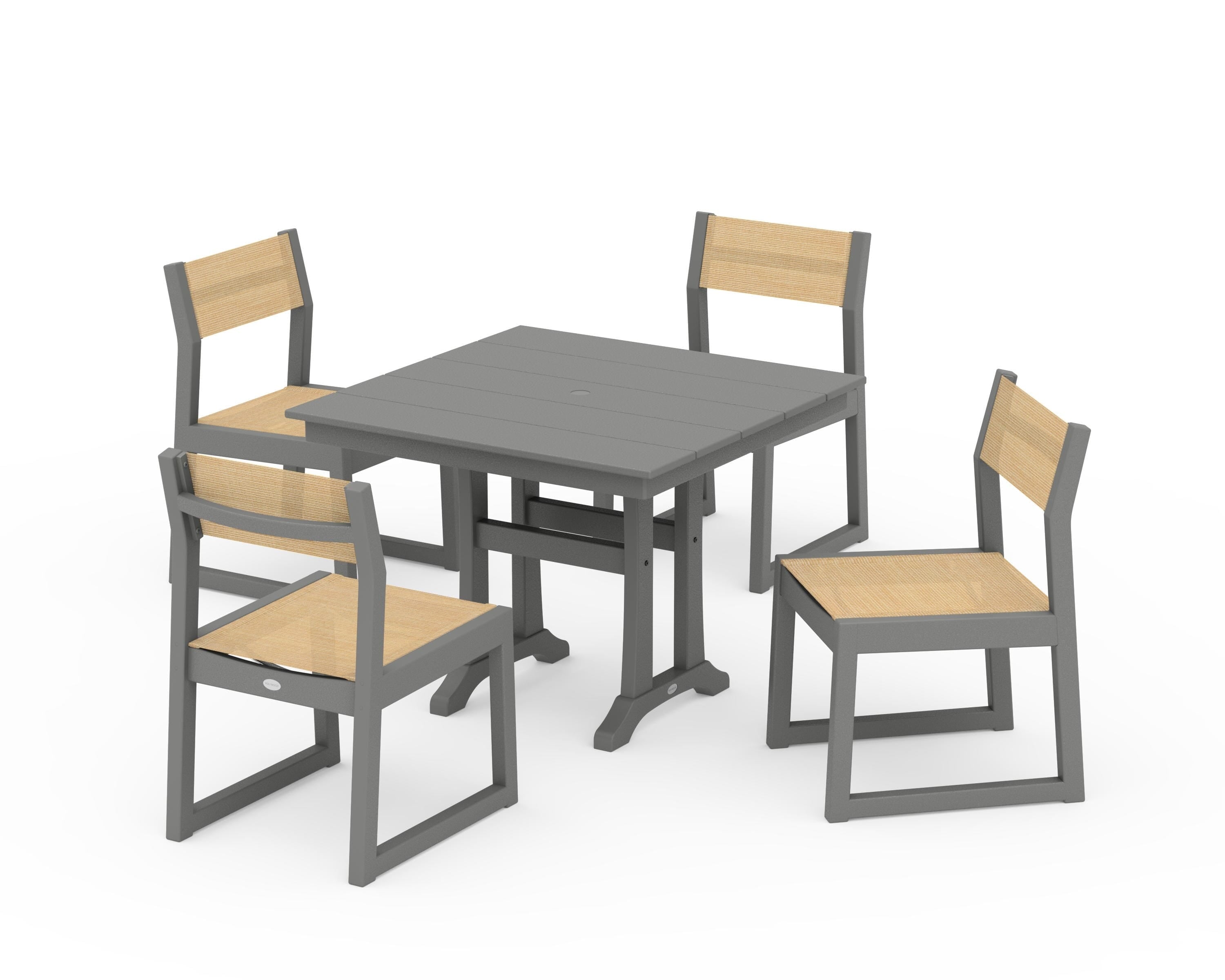 POLYWOOD EDGE Sling 5-Piece Farmhouse Trestle Side Chair Dining Set in Slate Grey / Dupioni Apricot Sling