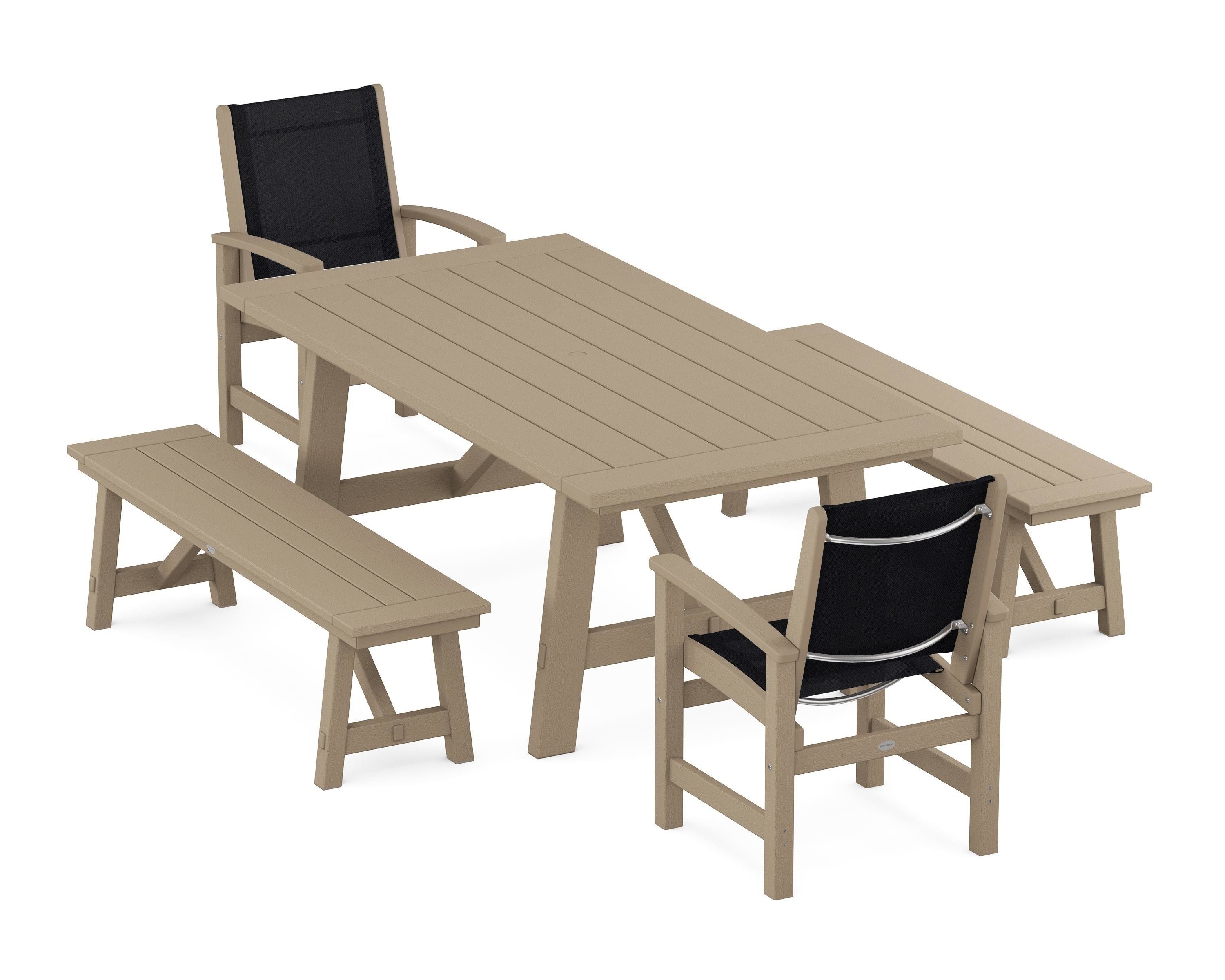 POLYWOOD Coastal 5-Piece Rustic Farmhouse Dining Set With Benches in Vintage Sahara / Black Sling