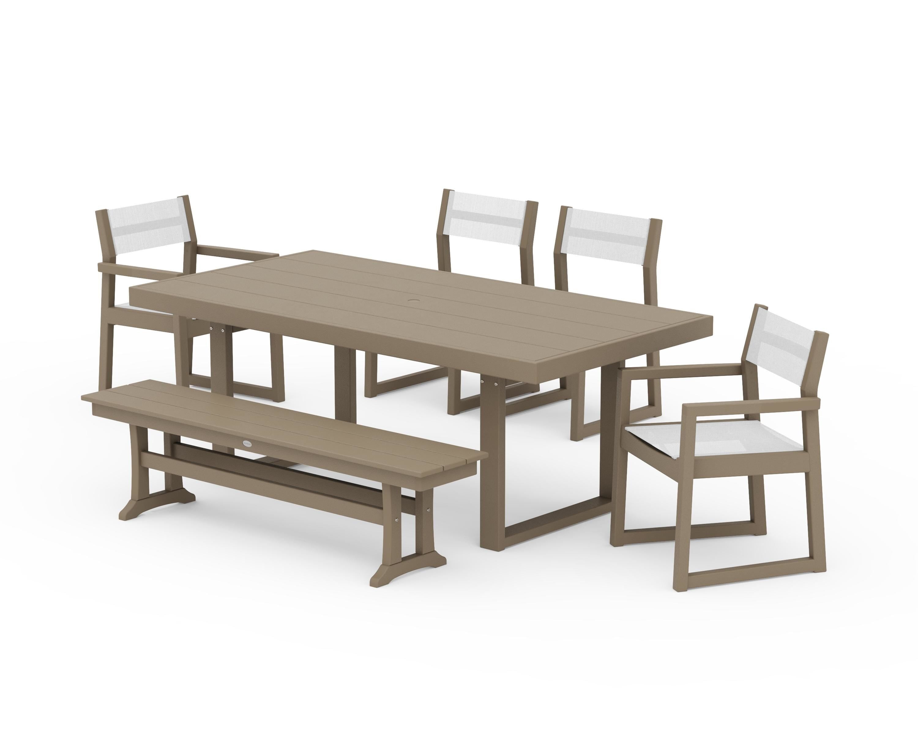 POLYWOOD EDGE Sling 6-Piece Dining Set with Bench in Vintage Sahara / White Sling