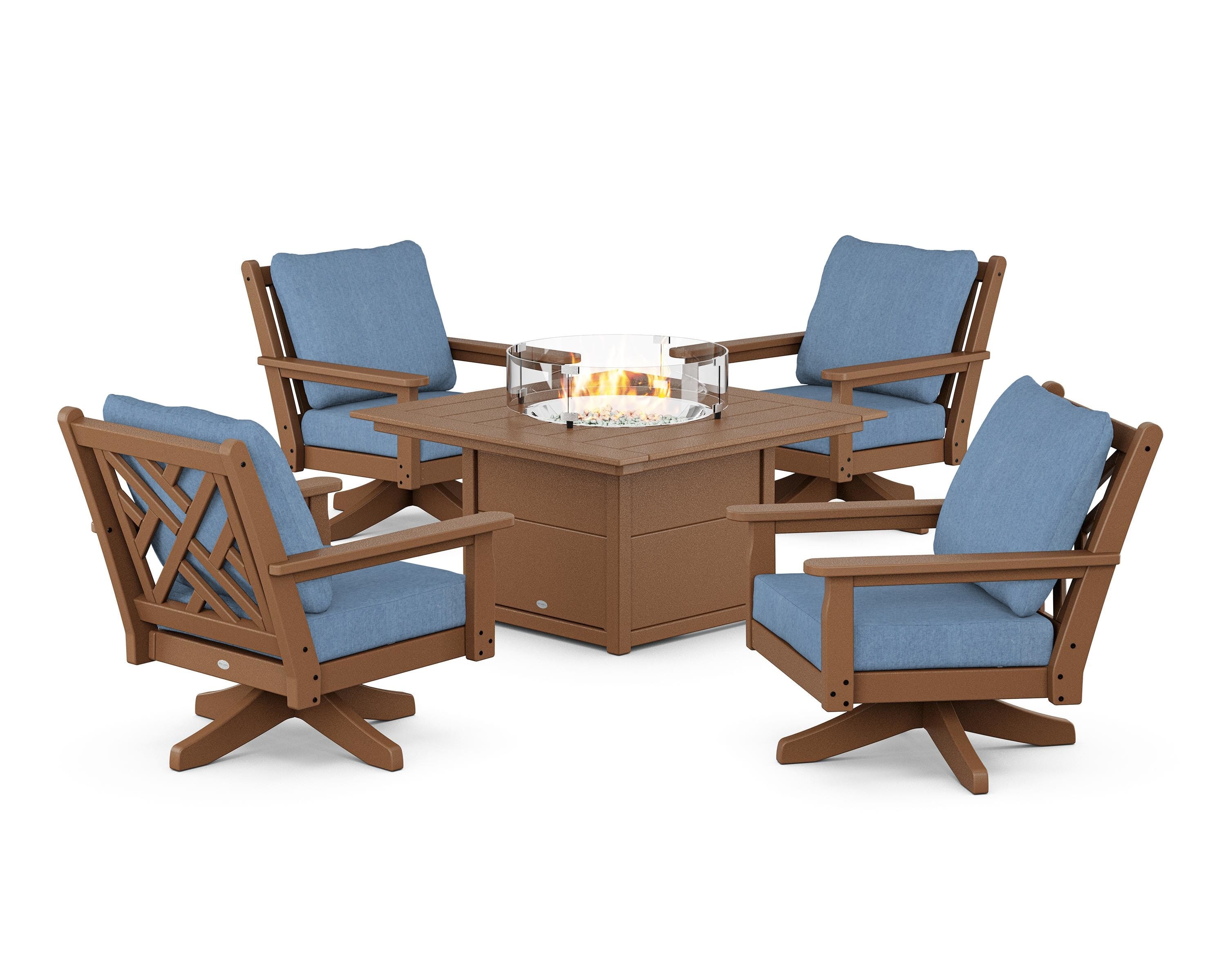 POLYWOOD Chippendale 5-Piece Deep Seating Swivel Conversation Set with Fire Pit Table in Teak / Sky Blue