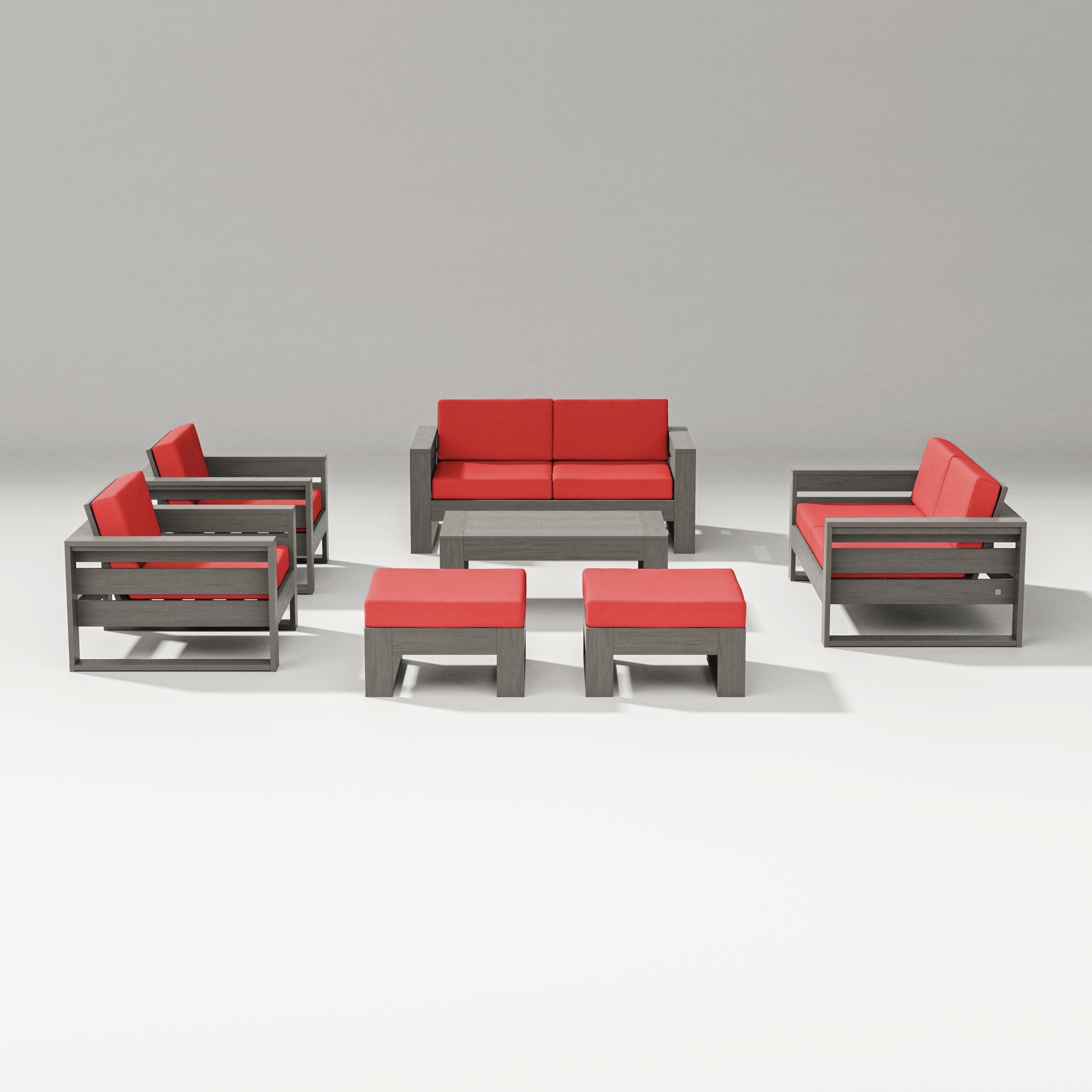 PW Designer Series Latitude 7-Piece Lounge Loveseat Set in Driftwood / Crimson Linen