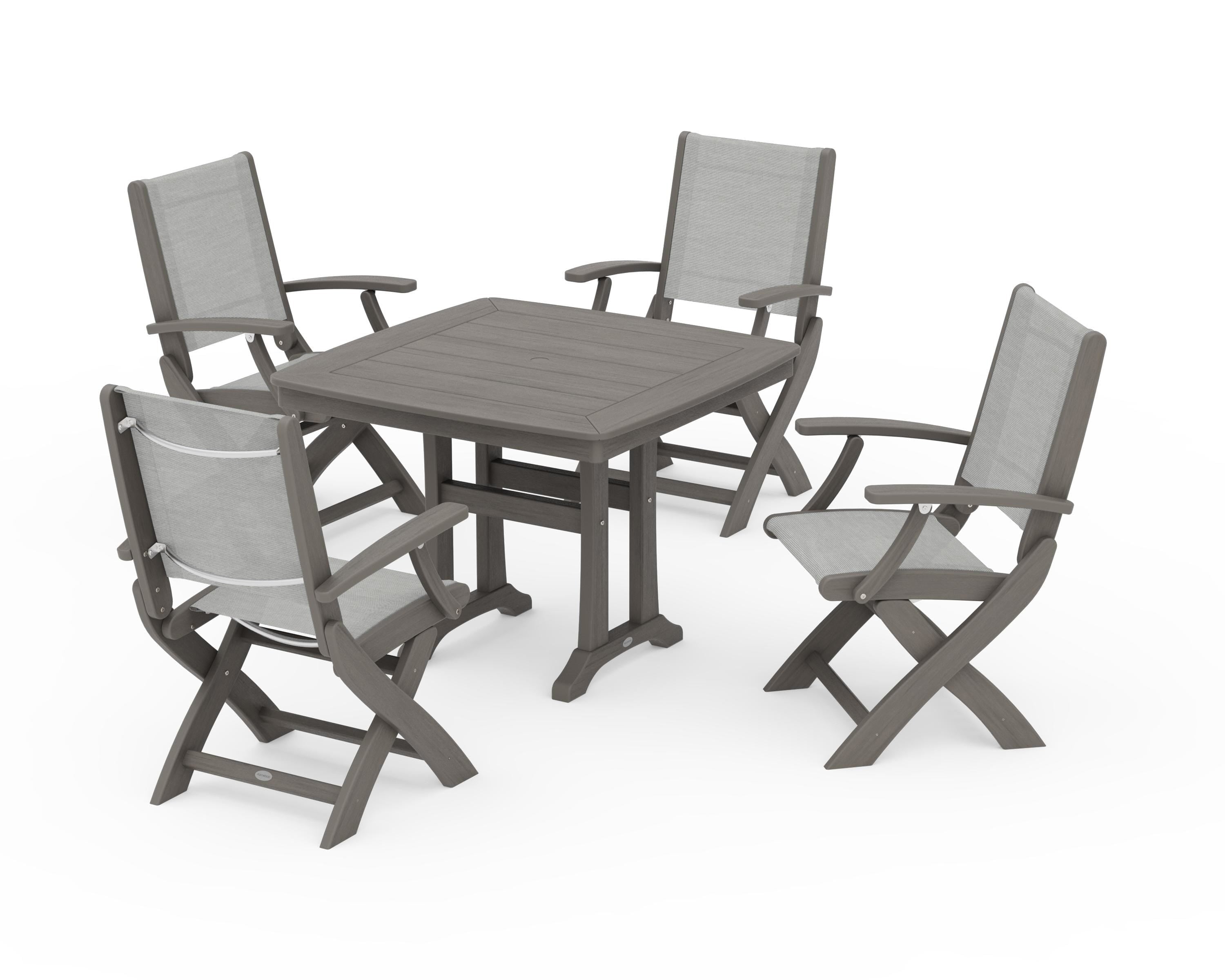 POLYWOOD Coastal Folding Chair 5-Piece Dining Set with Trestle Legs in Driftwood / Metallic Sling