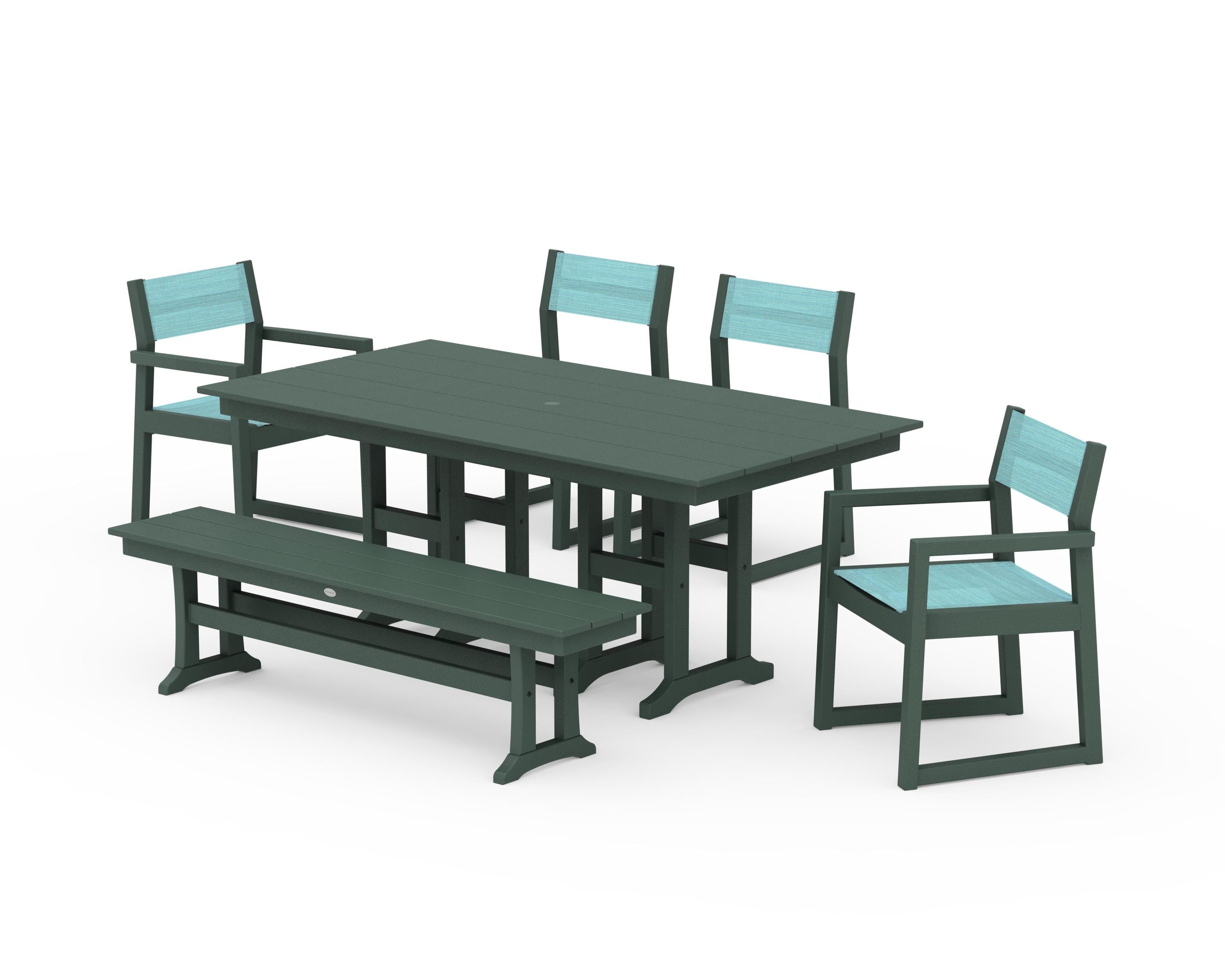 POLYWOOD EDGE Sling 6-Piece Farmhouse Dining Set in Green / Dupioni Aquamarine Sling