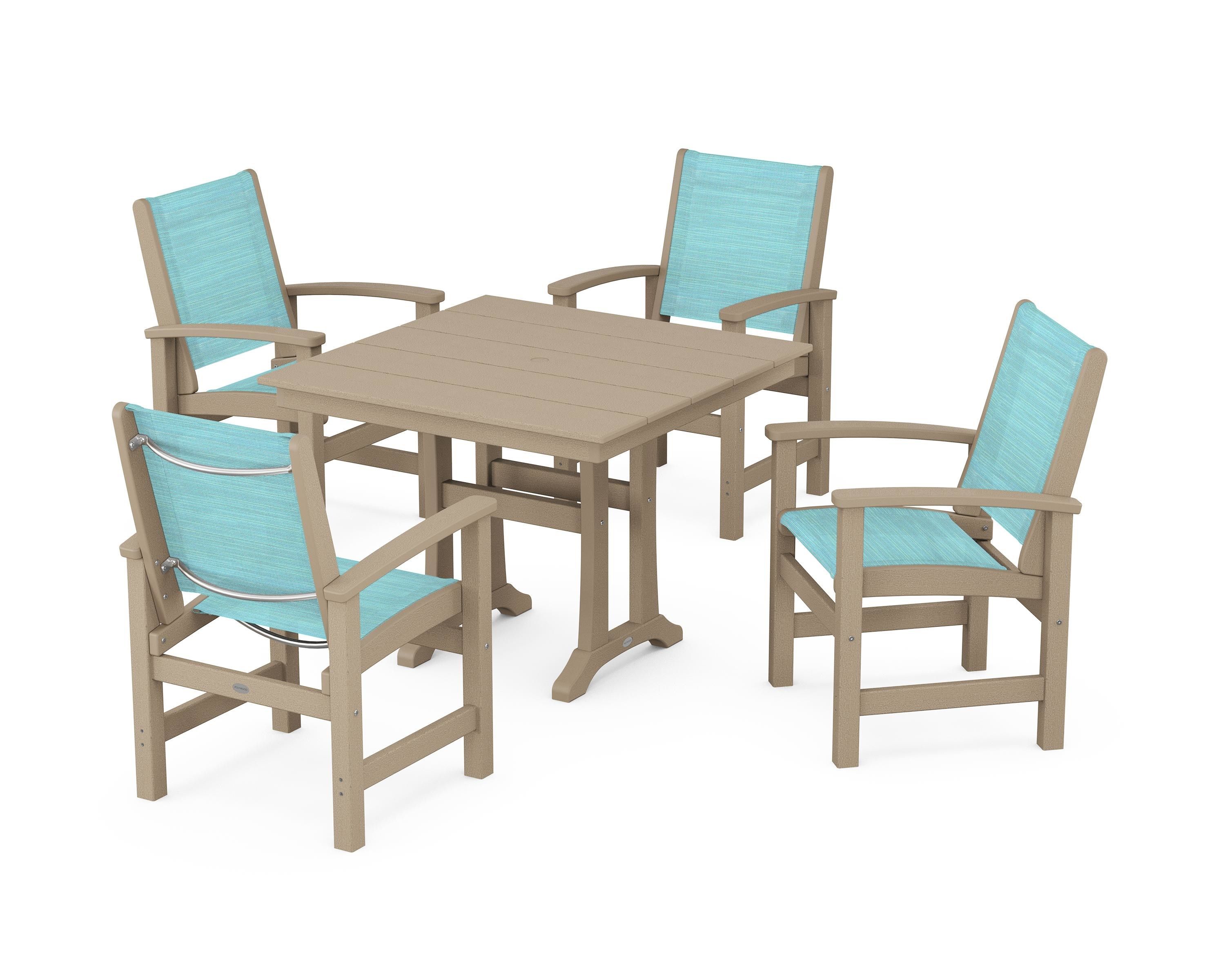 POLYWOOD Coastal 5-Piece Farmhouse Dining Set With Trestle Legs in Vintage Sahara / Dupioni Aquamarine Sling