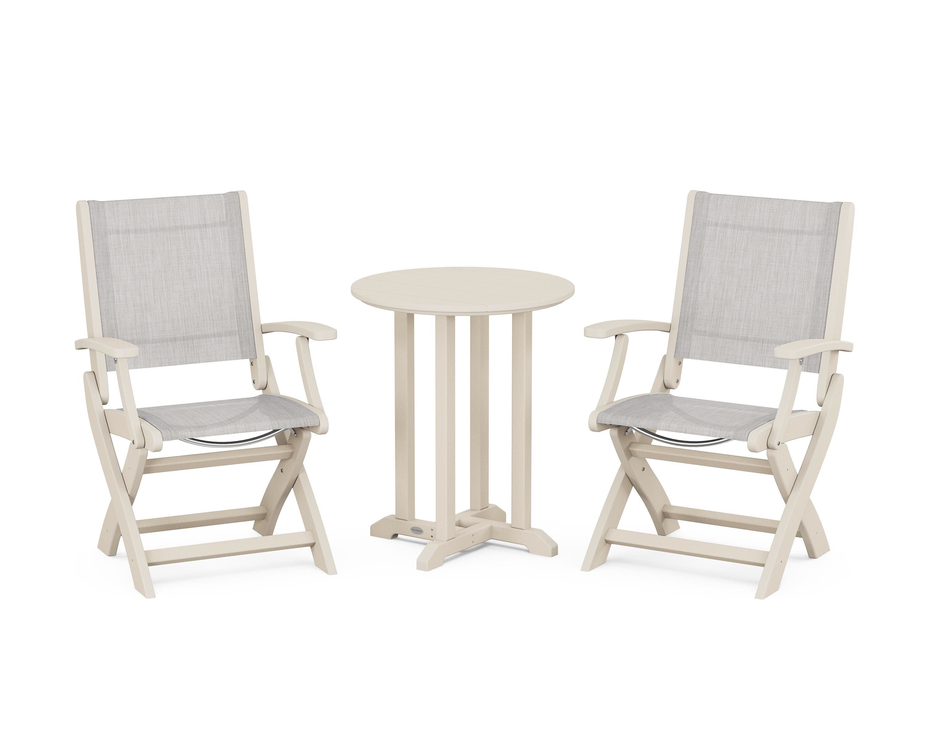 POLYWOOD Coastal Folding 3-Piece Round Bistro Dining Set in Sand / Parchment Sling