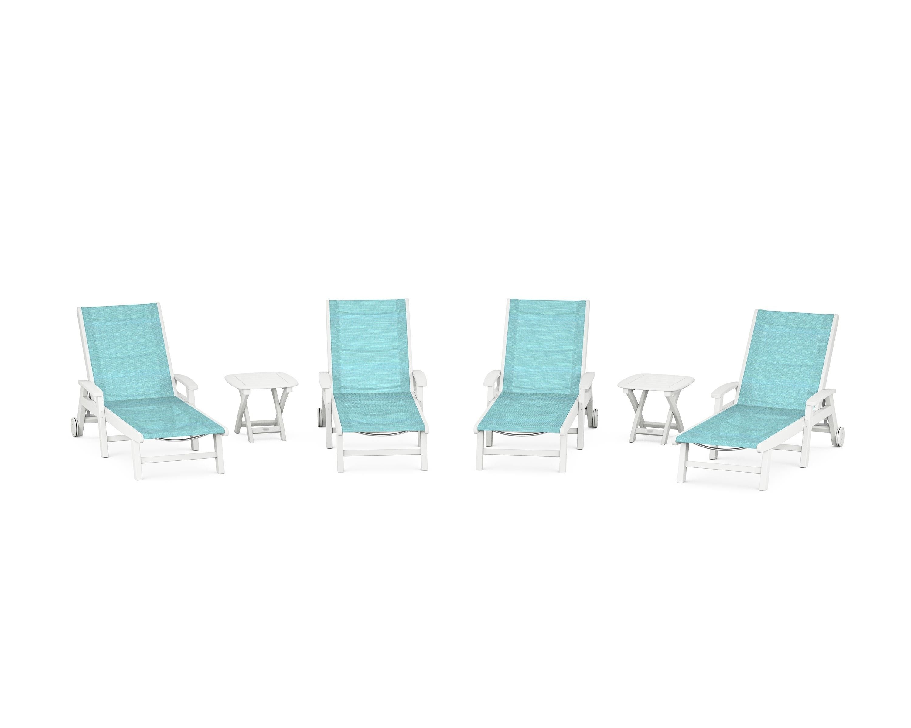 POLYWOOD Coastal Chaise 6-Piece Set with Wheels in White / Dupioni Aquamarine Sling