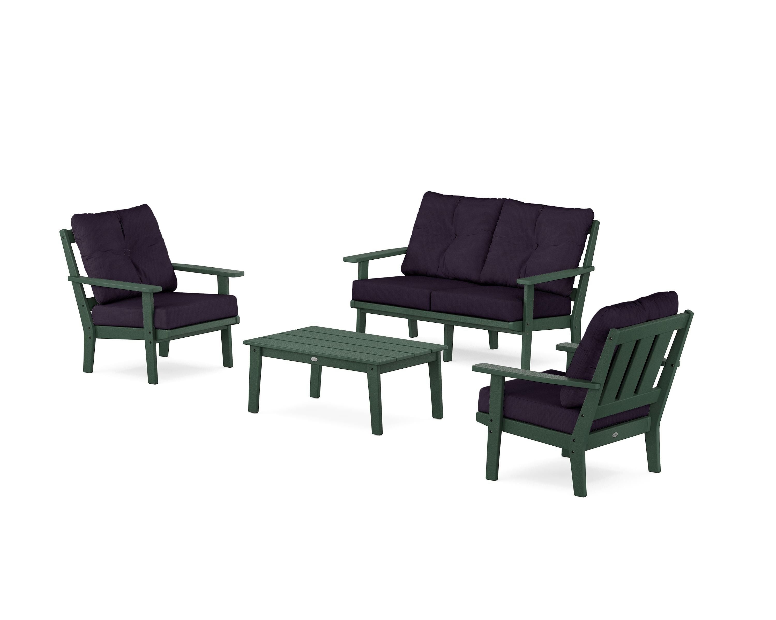 POLYWOOD Oxford 4-Piece Deep Seating Set with Loveseat in Green / Navy Linen