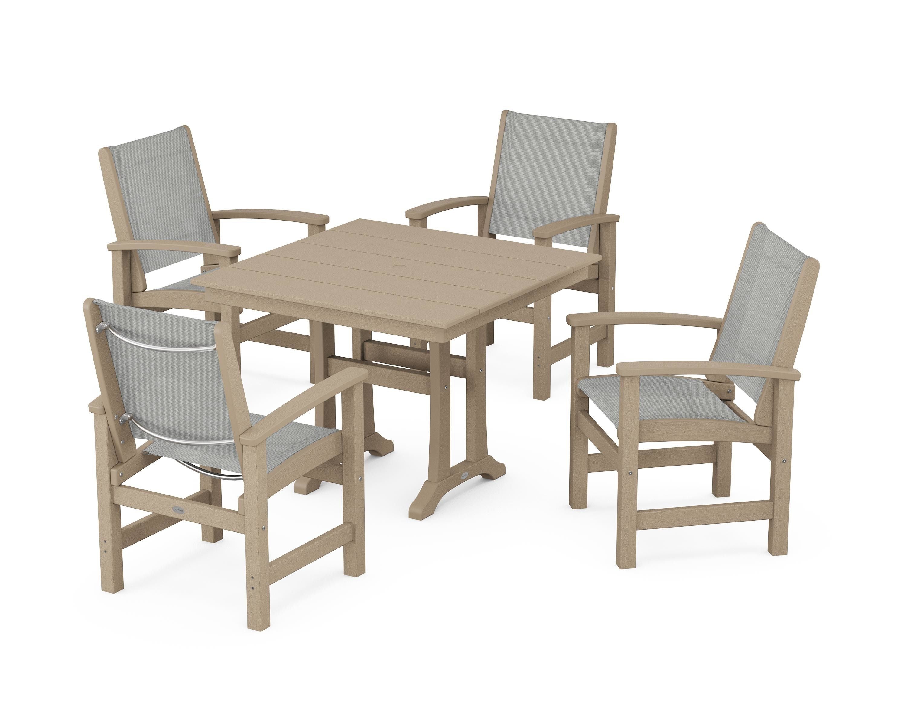 POLYWOOD Coastal 5-Piece Farmhouse Dining Set With Trestle Legs in Vintage Sahara / Metallic Sling