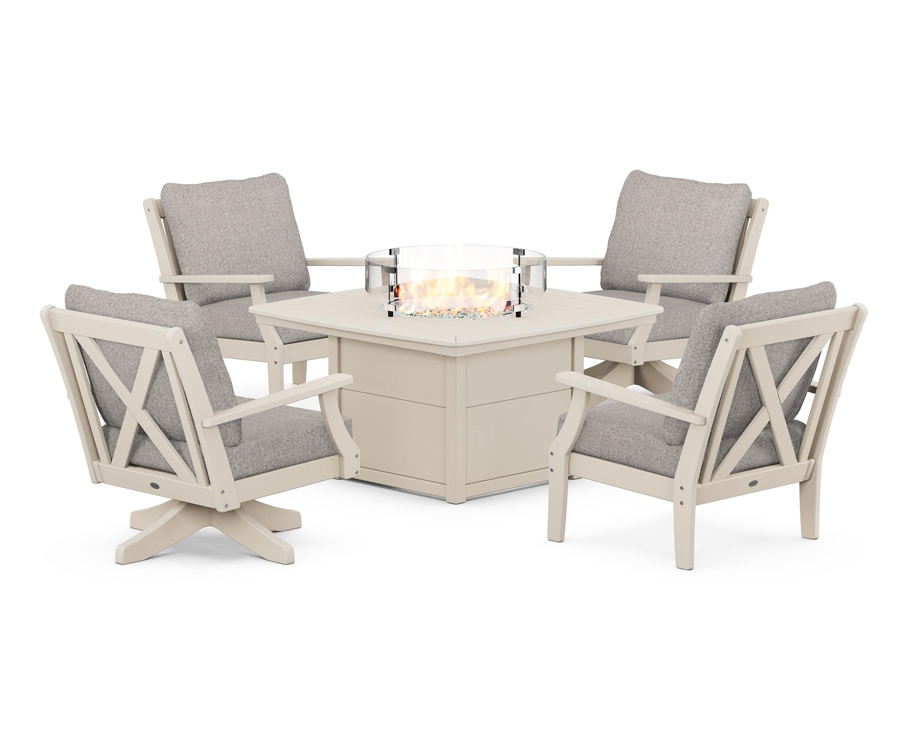 POLYWOOD Braxton 5-Piece Deep Seating Set with Fire Table in Sand / Weathered Tweed