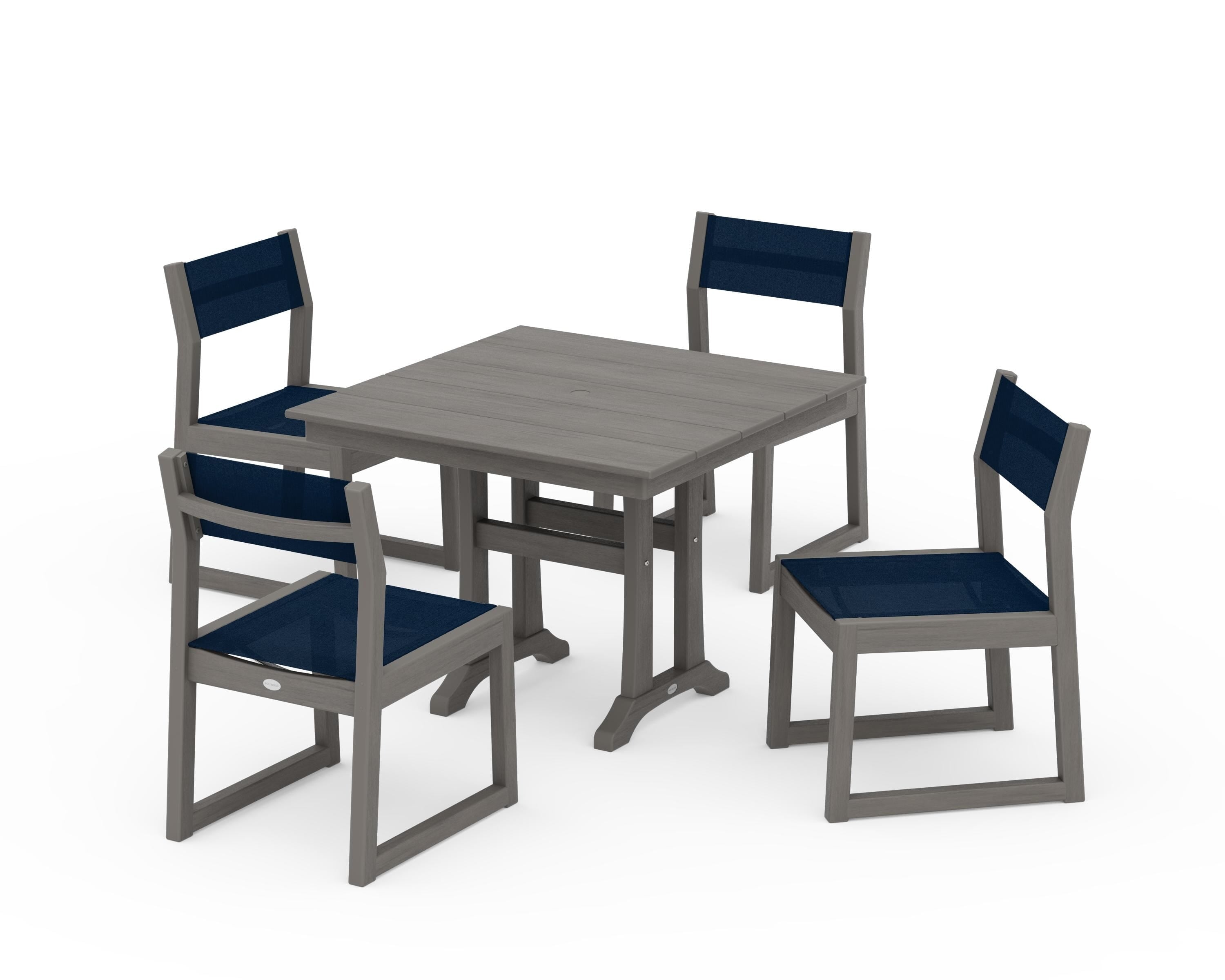 POLYWOOD EDGE Sling 5-Piece Farmhouse Trestle Side Chair Dining Set in Driftwood / Navy Blue Sling