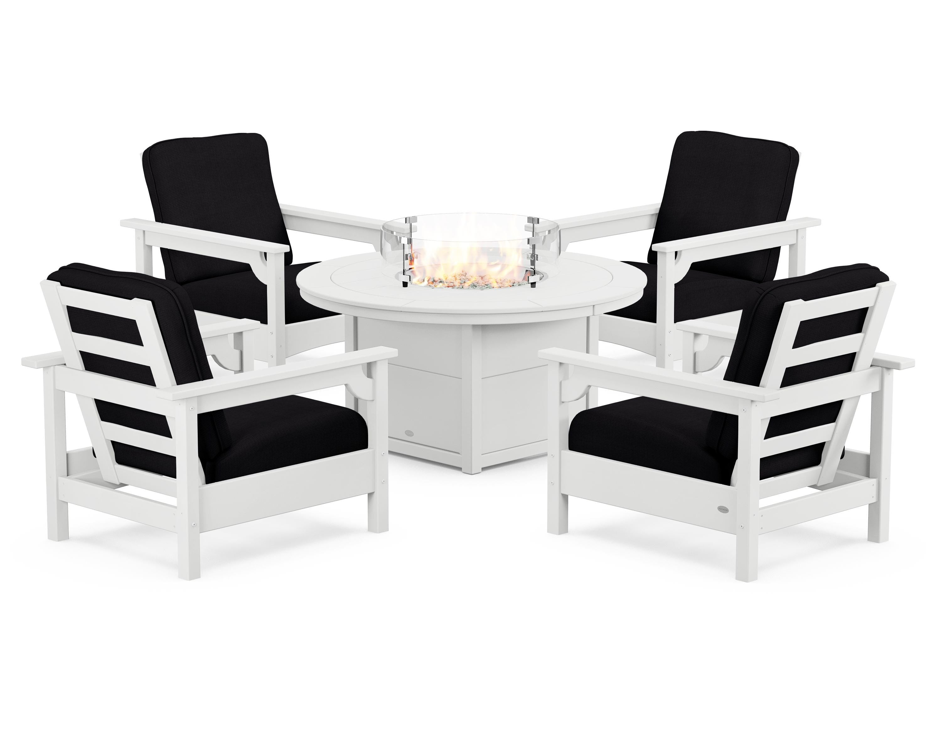 POLYWOOD Club 5-Piece Conversation Set with Fire Pit Table in White / Midnight Linen